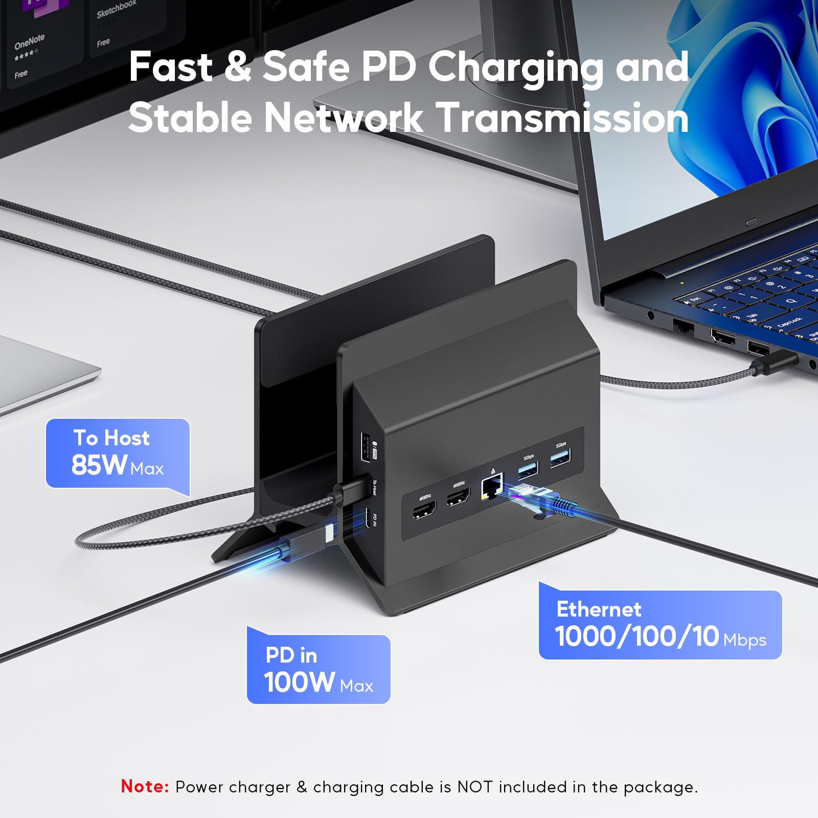 11-in-1 USB C Docking Station Doppio Monitor, Supporto Verticale per Laptop con 2xHDMI 4K 60Hz, USB A/C 10 Gbps, USB A 5 Gbps, Ethernet, PD3.0 Docking Station per Laptop Type-C, Black