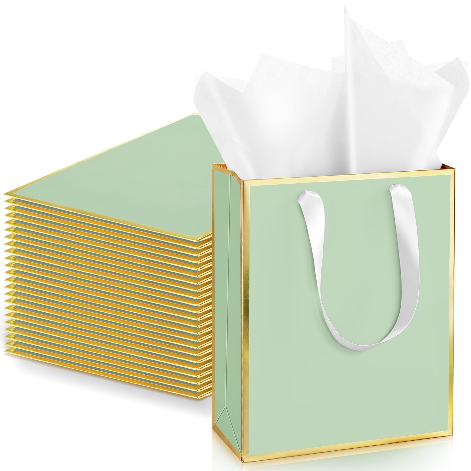 Yeaqee 24 Pack Metallic Paper Gift Bags with Handle and Tissue 9x7x3.1 Gold Foil Welcome Thank You Favor Bags Return Gifts for Wedding Graduation Bridesmaid Groomsmen Birthday(Sage Green, Gold) — image 1