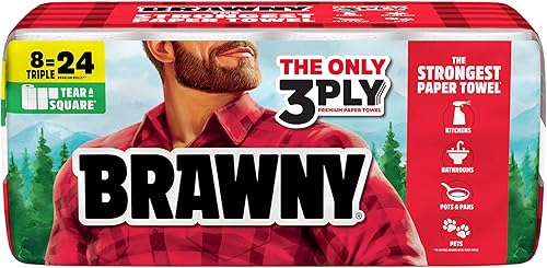Brawny Tear-A-Square - Toallas de papel cuadradas de 3 capas, 8 rollos triples = 24 rollos regulares, fuertes, absorbentes y duraderas con 3 tamaños