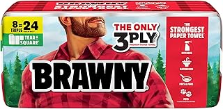 Brawny Tear-A-Square 3-Ply Paper Towels, 8 Triple Rolls = 24 Regular Rolls, Strong, Absorbent, and Durable with 3 Sheet Sizes (Quarter, Half, Full)