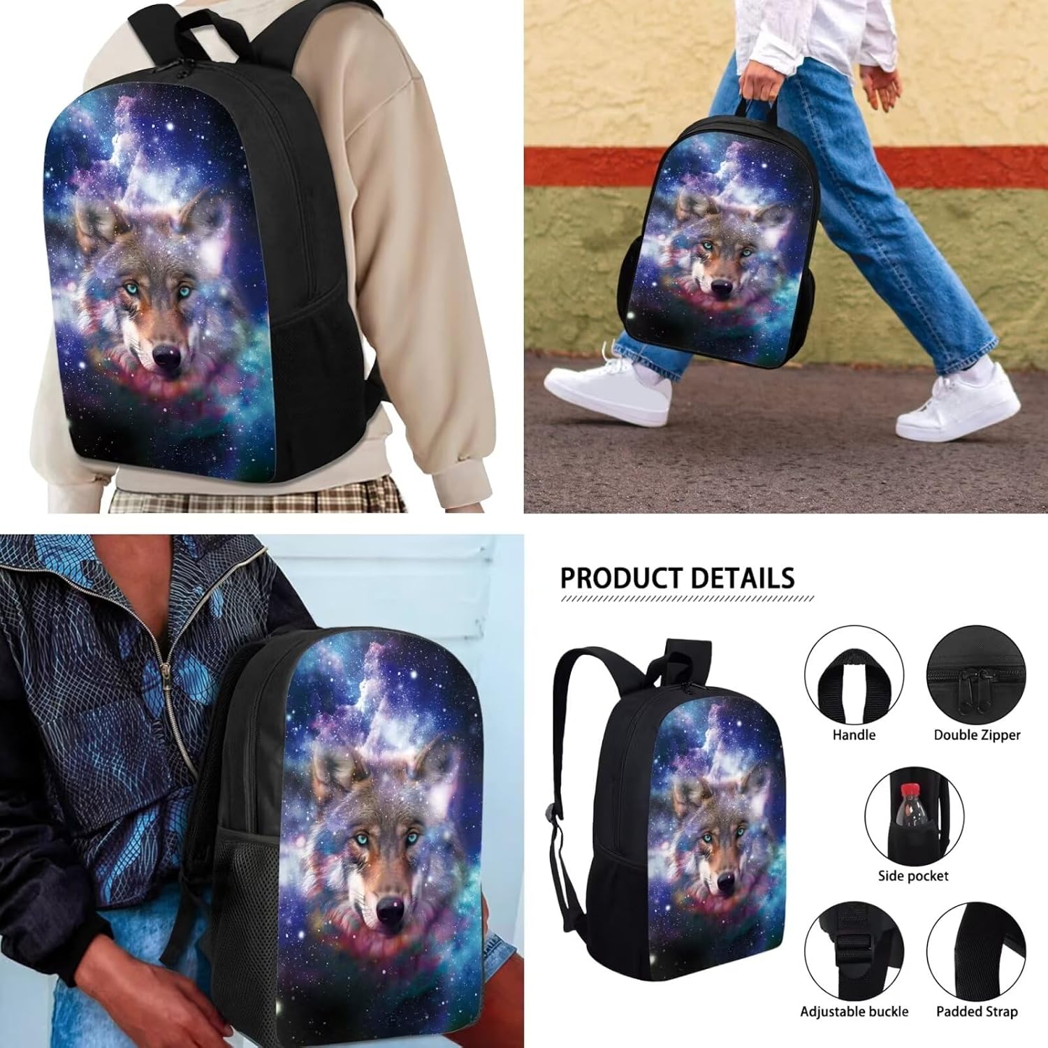 Mumeson Wolf Backpack Bookbag Set Back to School Supplies 3 Pieces Set 17 Inch Kids Backpack School Bags with Thermal Lunch Bags Small Pencase Pen Box
