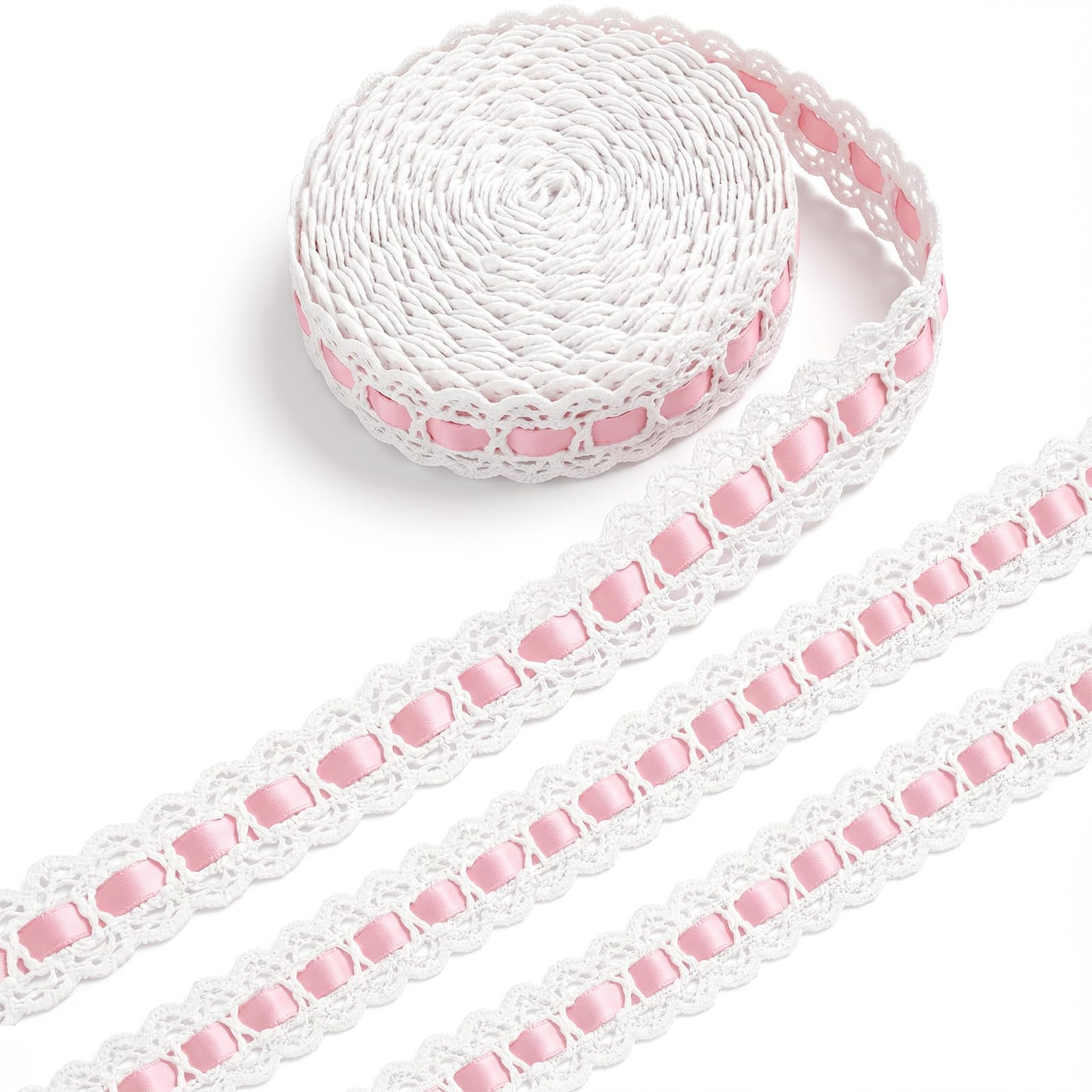 Ouligay White Lace Ribbon, 5 Yards White Lace Trim, 1inch Pink Ribbon Lace, Vintage Eyelet Lace Trim, Floral Embroidered Ribbons for Gift Wrapping Sewing Crafts Wedding Dress Decoration
