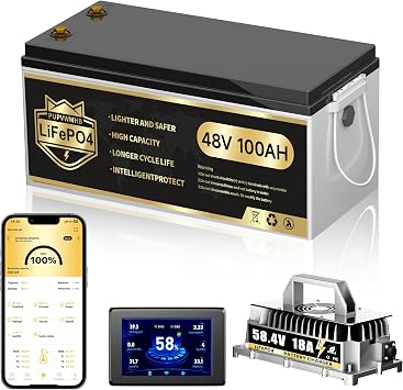 48V Lithium Battery Golf Cart, 48 Volt 100Ah Golf Cart Battery Conversion Kit with 18A Charger & Touch Monitor, Built in 200A Smart BMS, 10.24kW Output, Max Peak Current 1000A, Prefect for Golf Cart