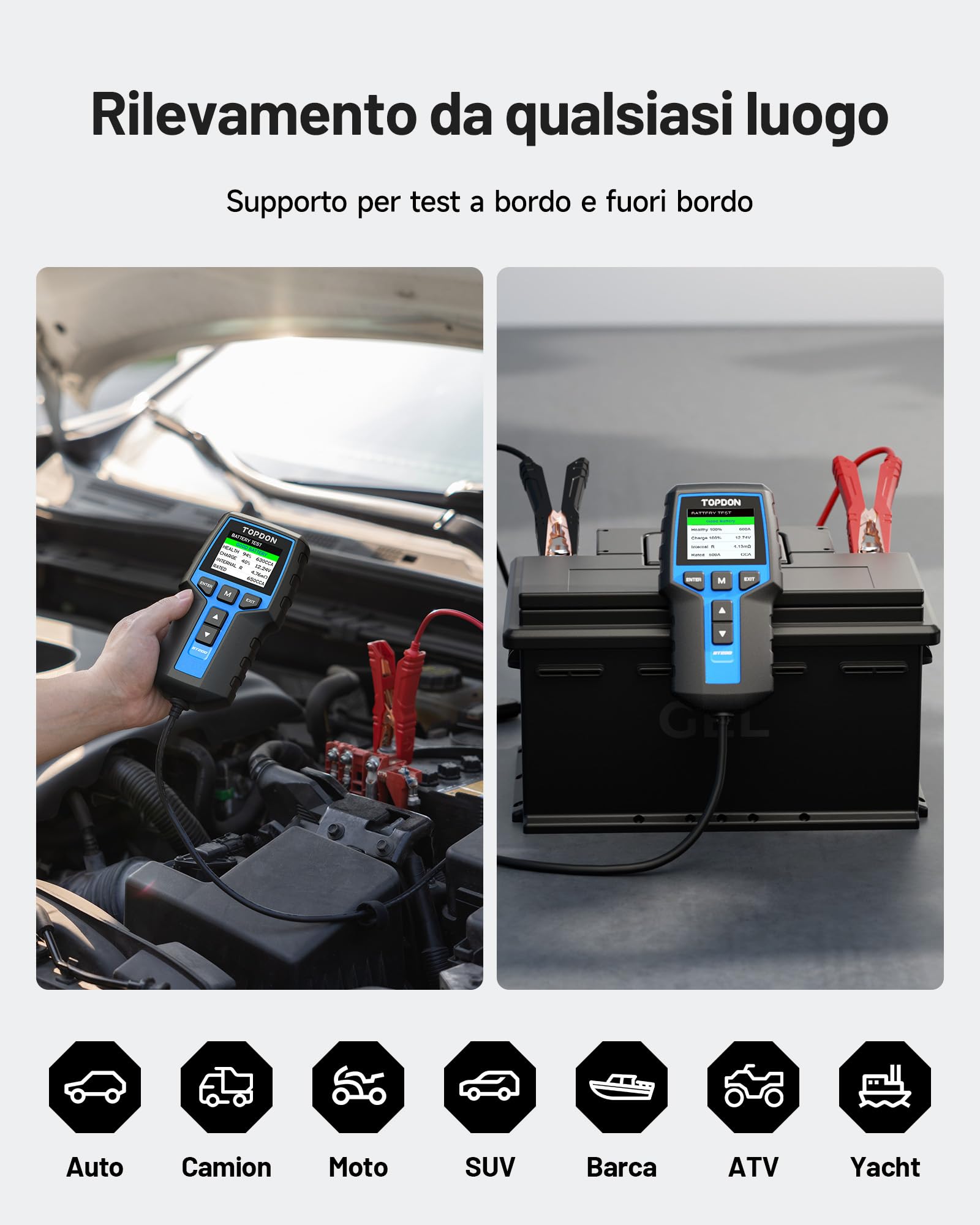 TOPDON Tester Batteria Auto BT200, 12V 24V 100-2000 CCA Tester per Batterie, con Test della Batteria, del Caricatore e dell'Accensione per Auto Moto Barche SUV e Camion, 2,4 pollici