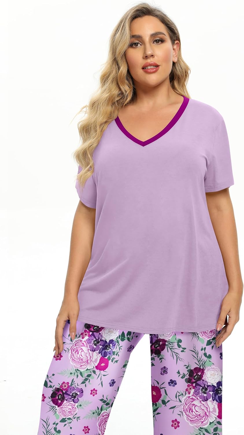 Vozanet Women's Pajama Sets Short Sleeve with Long Pant Soft Sleepwear Printed pj Loungewear With TWO Pockets Size 1X to 5X - Image 3