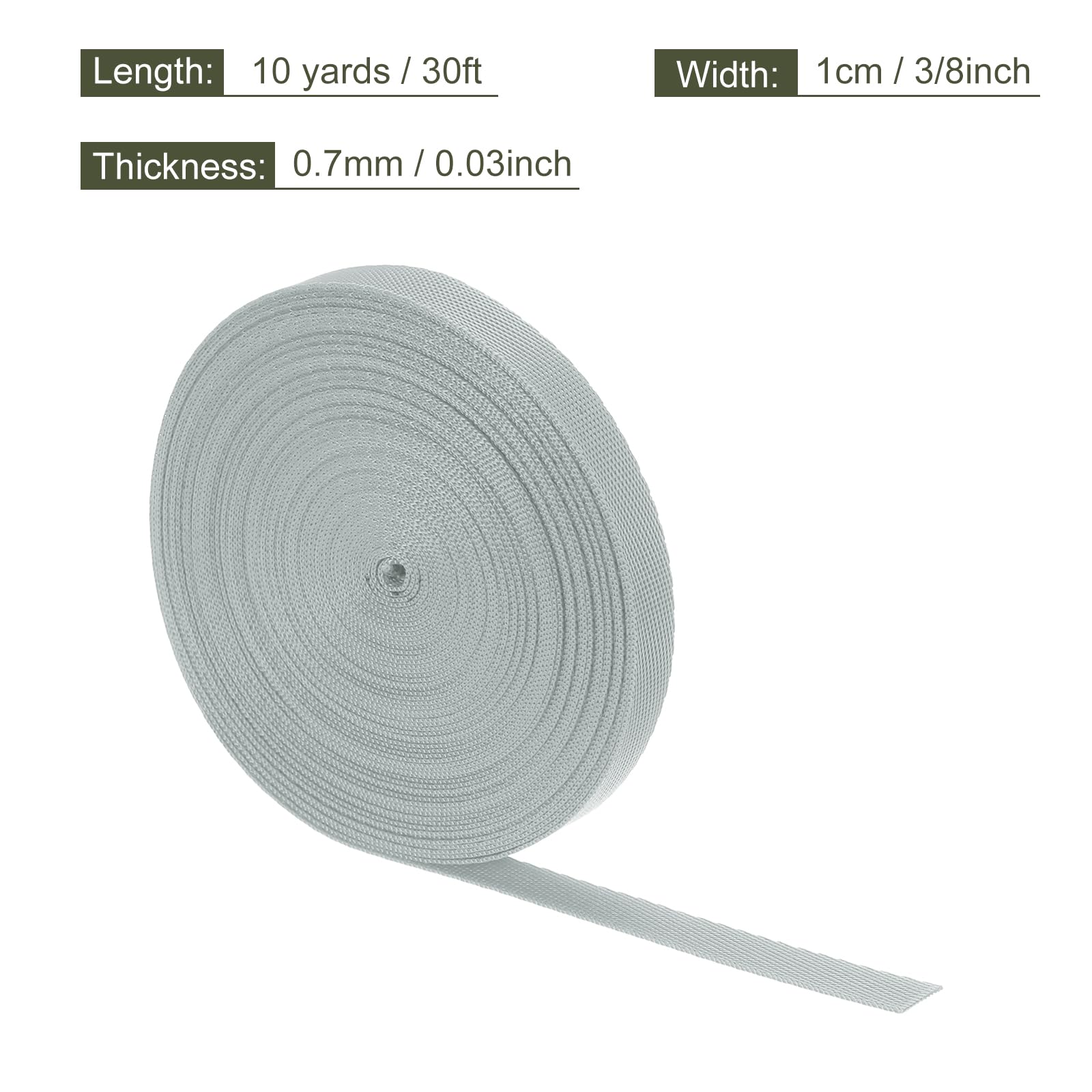 MECCANIXITY Flat Nylon Webbing Strap 3/8 Inch 10 Yards Polypropylene Webbing Bright Grey for Backpack, Luggage-Rack, Outdoor Climbing, DIY Craft