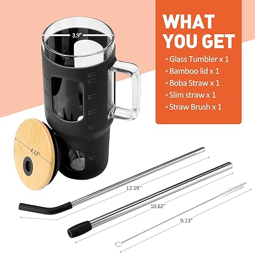 Miniatura 2 de Vaso de vidrio con popote y tapa, taza de vidrio de 32 onzas con asa, botellas de agua de vidrio con marcador de tiempo, 2 pajitas, popote de perlas