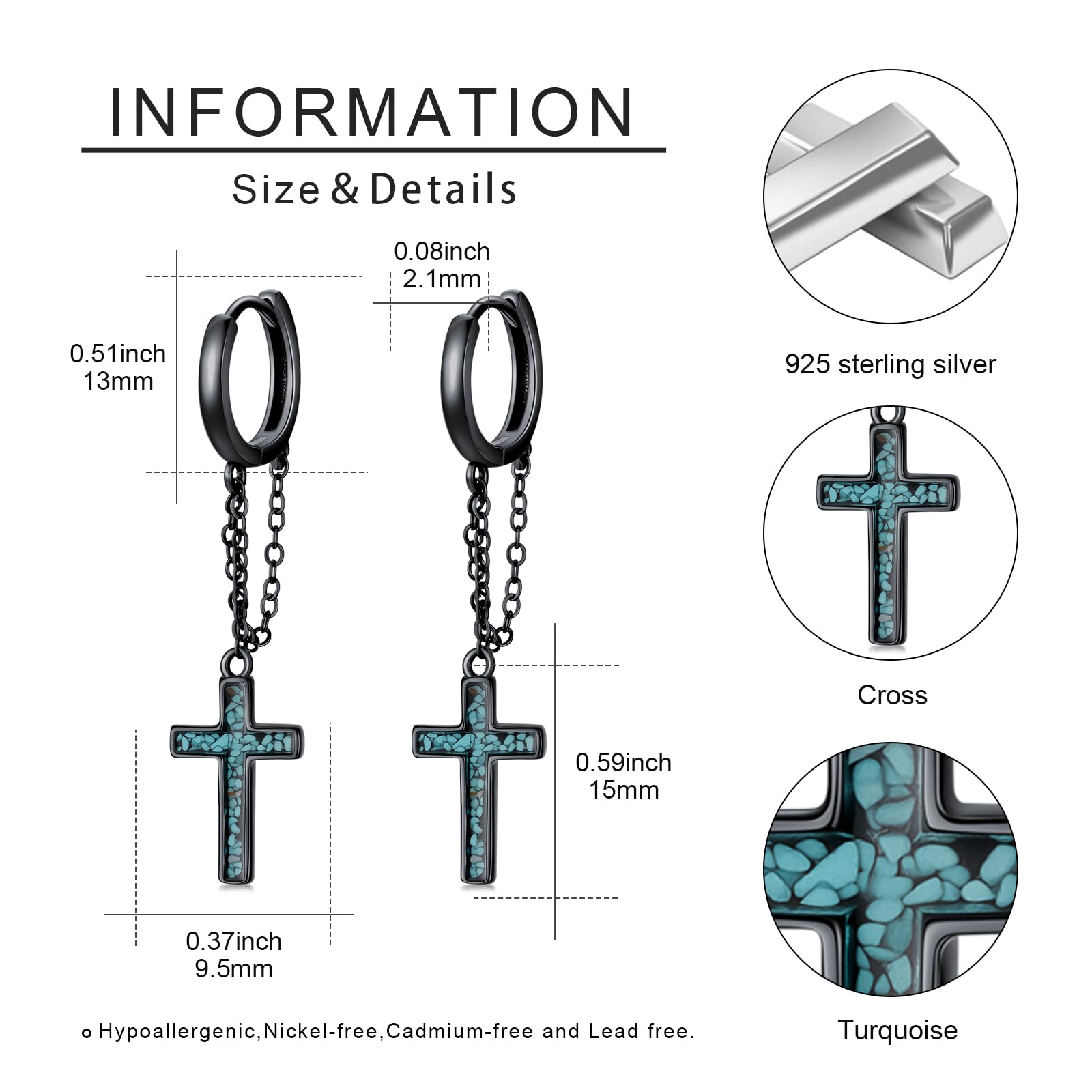 Midir&Etain Pendientes de cruz negra para hombres y mujeres, plata de ley 925, turquesa punk, cadena punk, joyería punk, regalos de cumpleaños para amigos