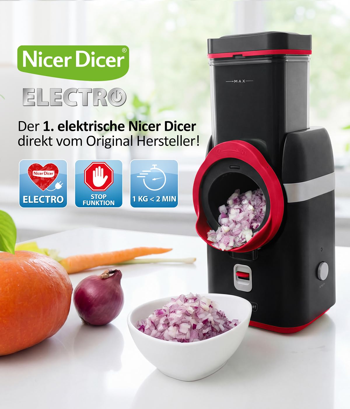 Genius Nicer Dicer Electro Gemüsehobel elektrisch 25 tlg, Gemüseschneider automatisch, Käsereibe für Gemüse, Obst, Nüsse, 6 Extrascharfe Einsätze, Ein-Knopf, Einfache Reinigung, Leistungsstark