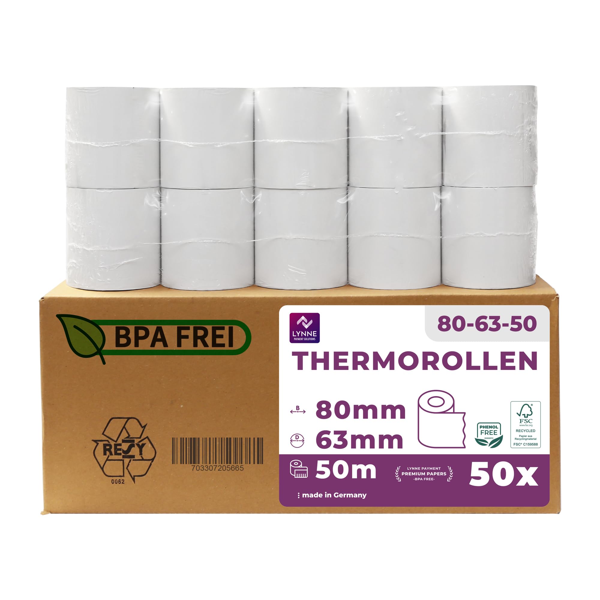 LYNNE - Rollos Papel Termico 80x63 para Impresora de Tickets - Para caja registradora con impresora de recibos - Papel impresora Termica 80x63x12 - Rollo Papel térmico 80mm x 63mm x 50m - [50x]