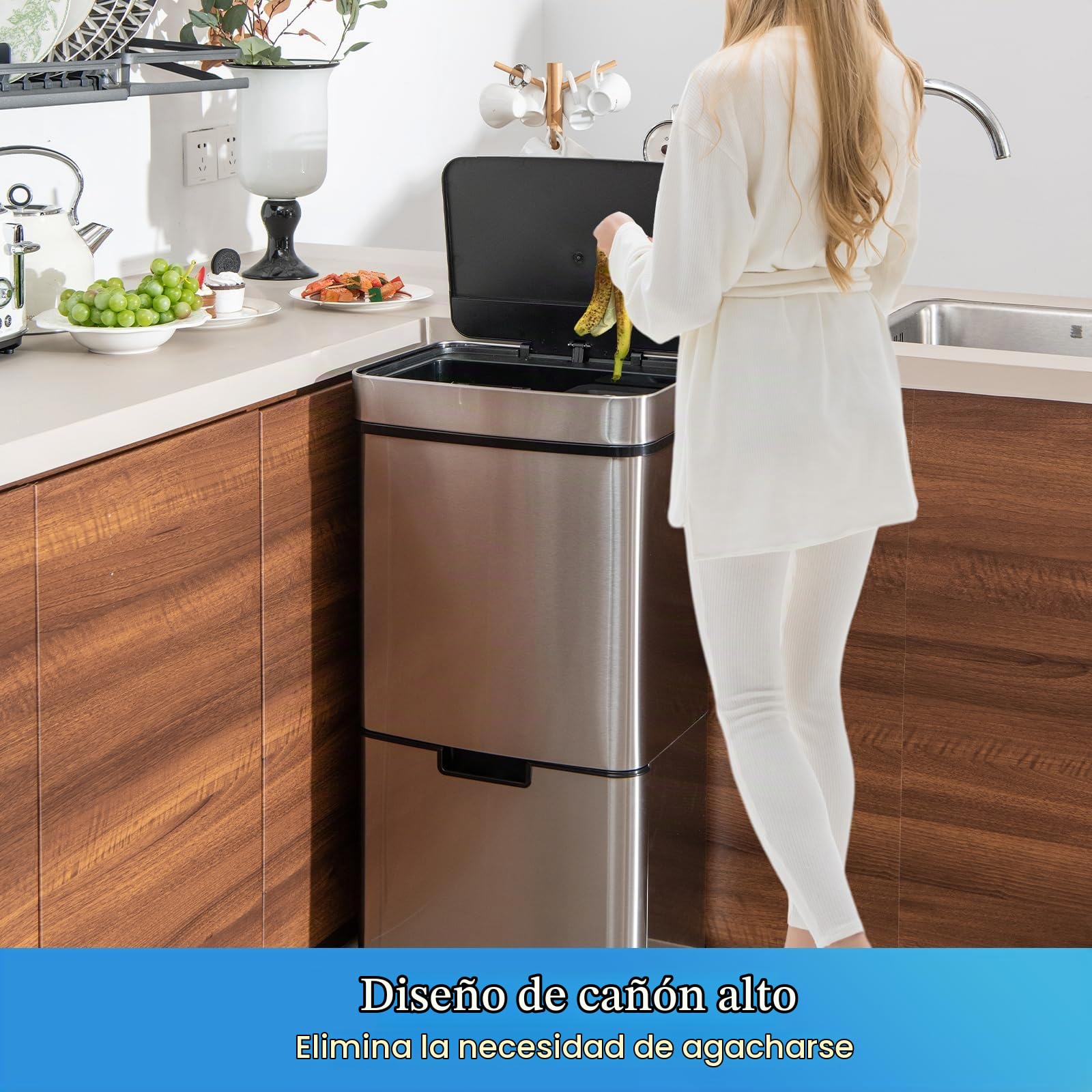 LIFEZEAL 72 L Cubo de Basura Cocina de 4 Compartimentos, Cubo Basura Apertura Automática con Sensor de 2 Niveles, Papelera de cocina de interior, Acero Inoxidable