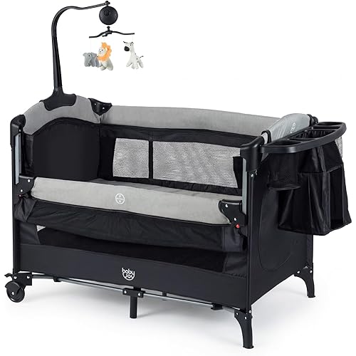 BABY JOY 5-in-1 Pack and Play, Baby Bedside Sleeper with Bassinet, Portable Baby Playard with U-Shaped Diaper Changer, Safety Strap, Multifunction Baby Bassinet Bedside Crib from Newborn to Toddlers