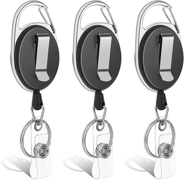 Molain 3 Pcs Badge Holders Heavy Duty, Retractable Keychain, Badge Reels with 60cm Nylon Rope, ID Card Holders, Key Ring Clips with ID Strap, Key Belt Clip,Badge Clip for Nurses, Work, Office (Black)