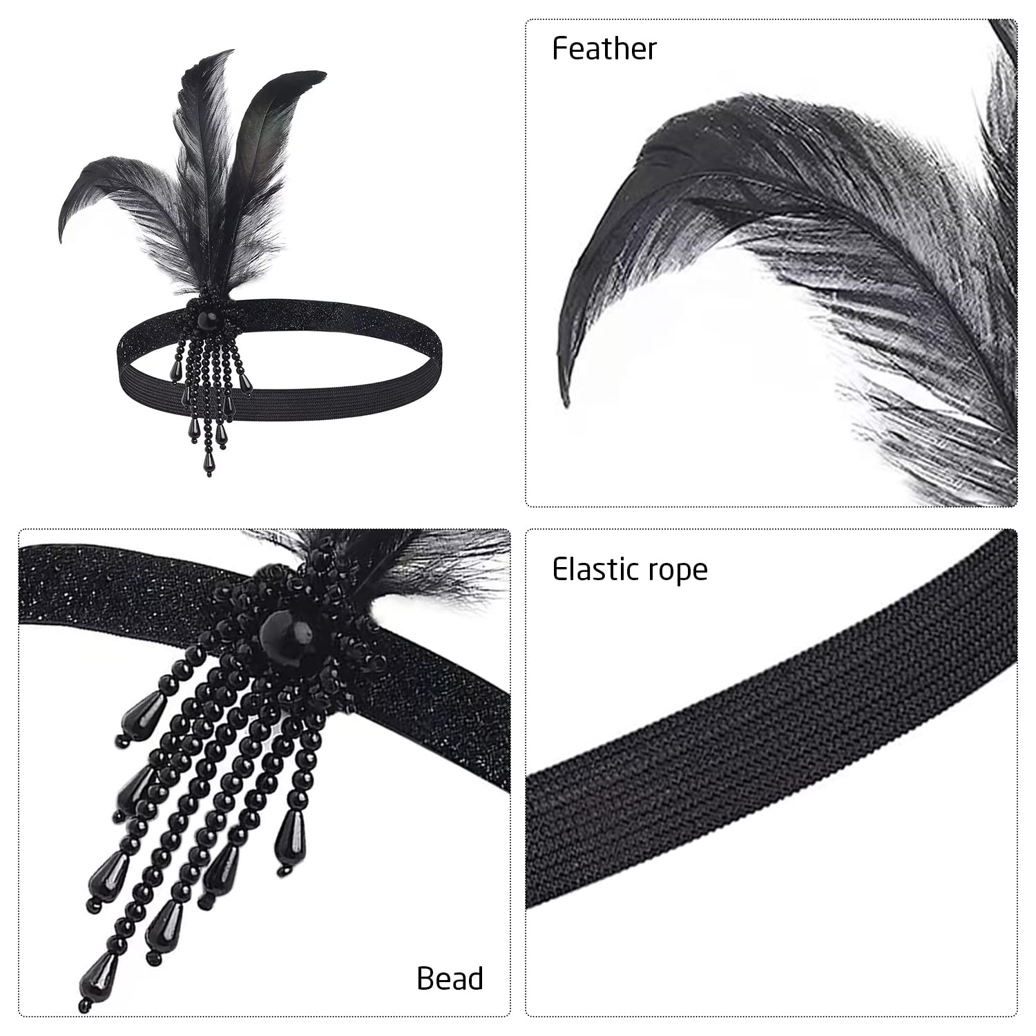 Tocado De Plumas Negras Con Perlas Y Guantes Largos De Elastano – Set De 2 Accesorios Retro Para Cosplay, Fiestas Temáticas Y Actuaciones Escénicas