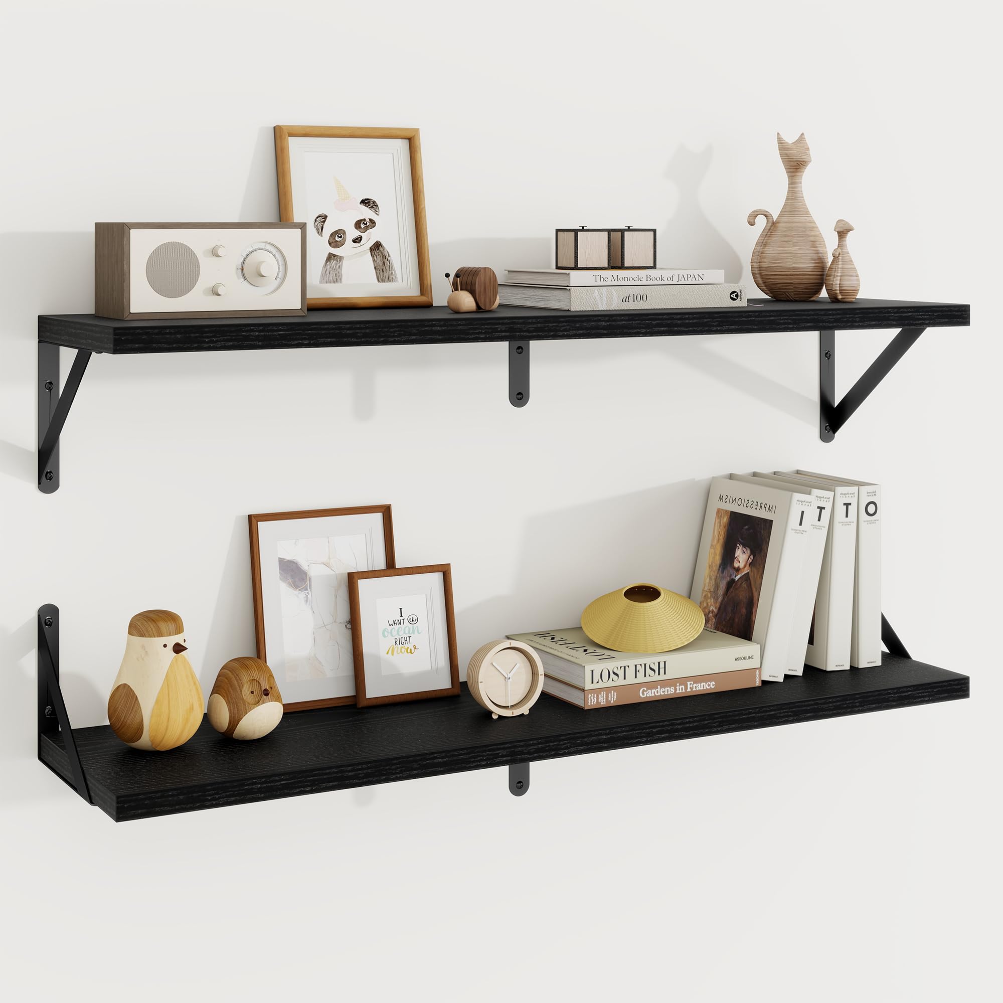 KovaScape Schweberegal, Tiefes Rustikales Bücherregal 80x20 cm, 2er Set, Schwere Metallträger, Holz Wandregal für Wohnzimmer, Küche, Ecke, Arbeitszimmer, Schwarz
