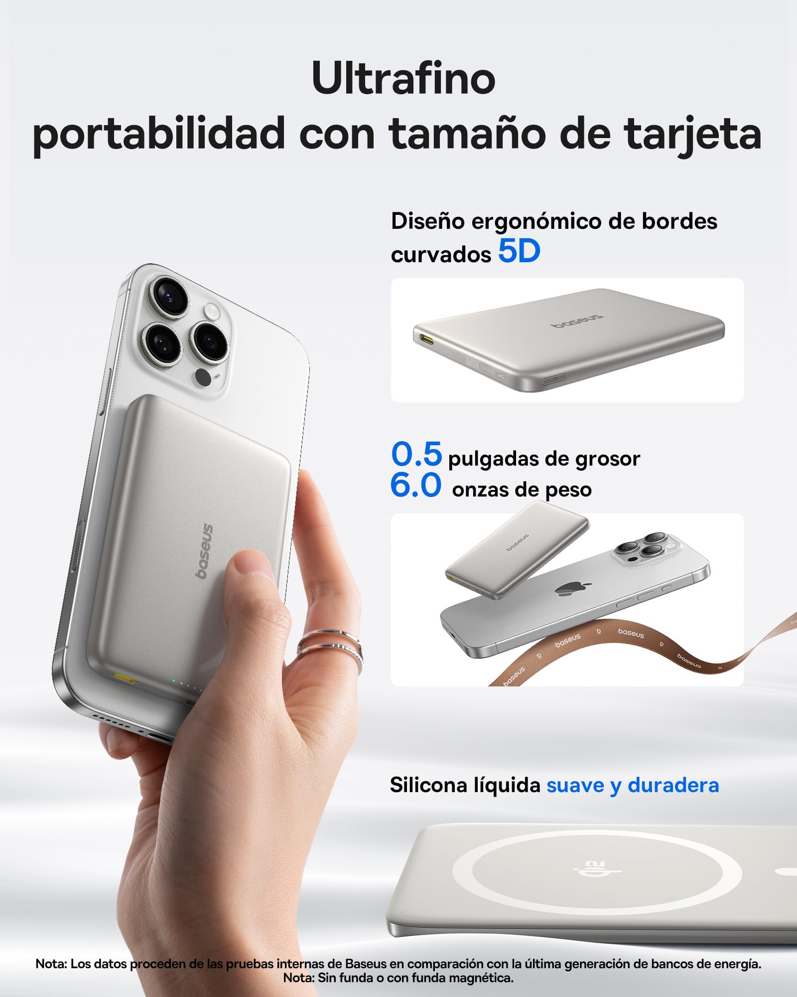 Baseus Picogo AM41 Power Bank, 10000mAh Qi2 Magsafe Powerbank 15W Wireless, Ultra Slim, PD 27W de Carga Rápida, Bateria Externa Magnética para iPhone 17/16/15/14/13/12, Titanio
