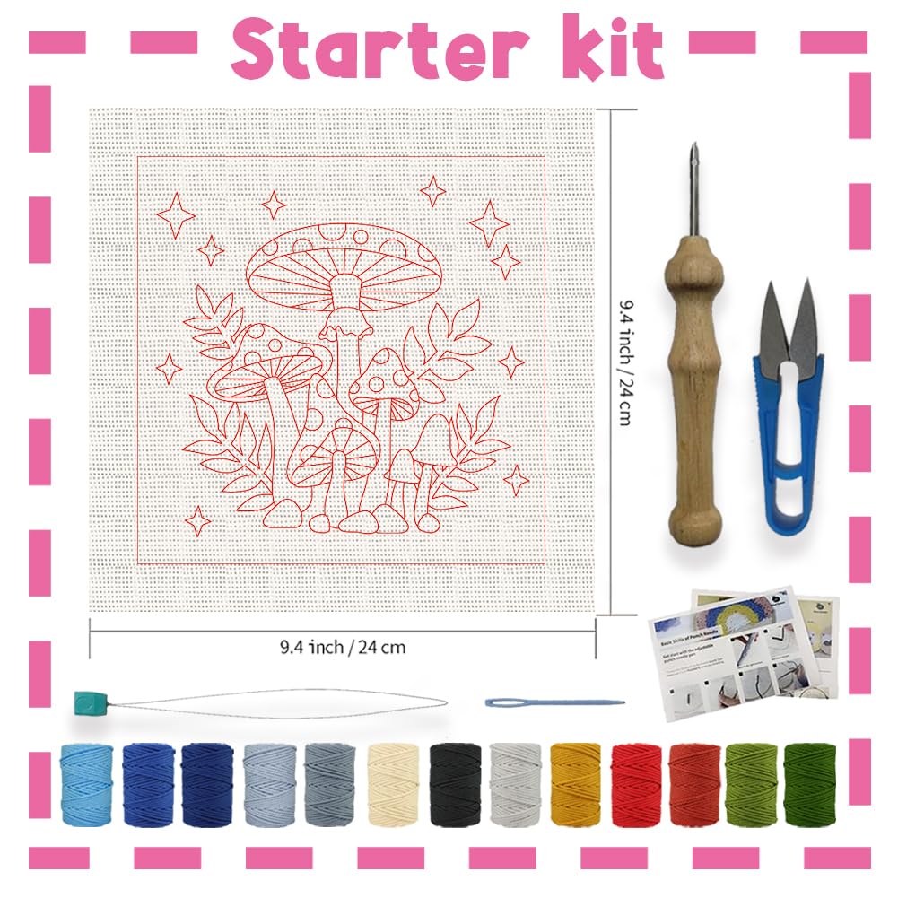INFUNLY 2 Set Pilz Punch Needle Stickset Für Anfänger Art Night Mushroom DIY Punch Needle Stickerei Starter Set Handarbeits Nadelspitzen Mit Pflanzenmuster Anleitung als Festivalgeschenk Und Heimdekor