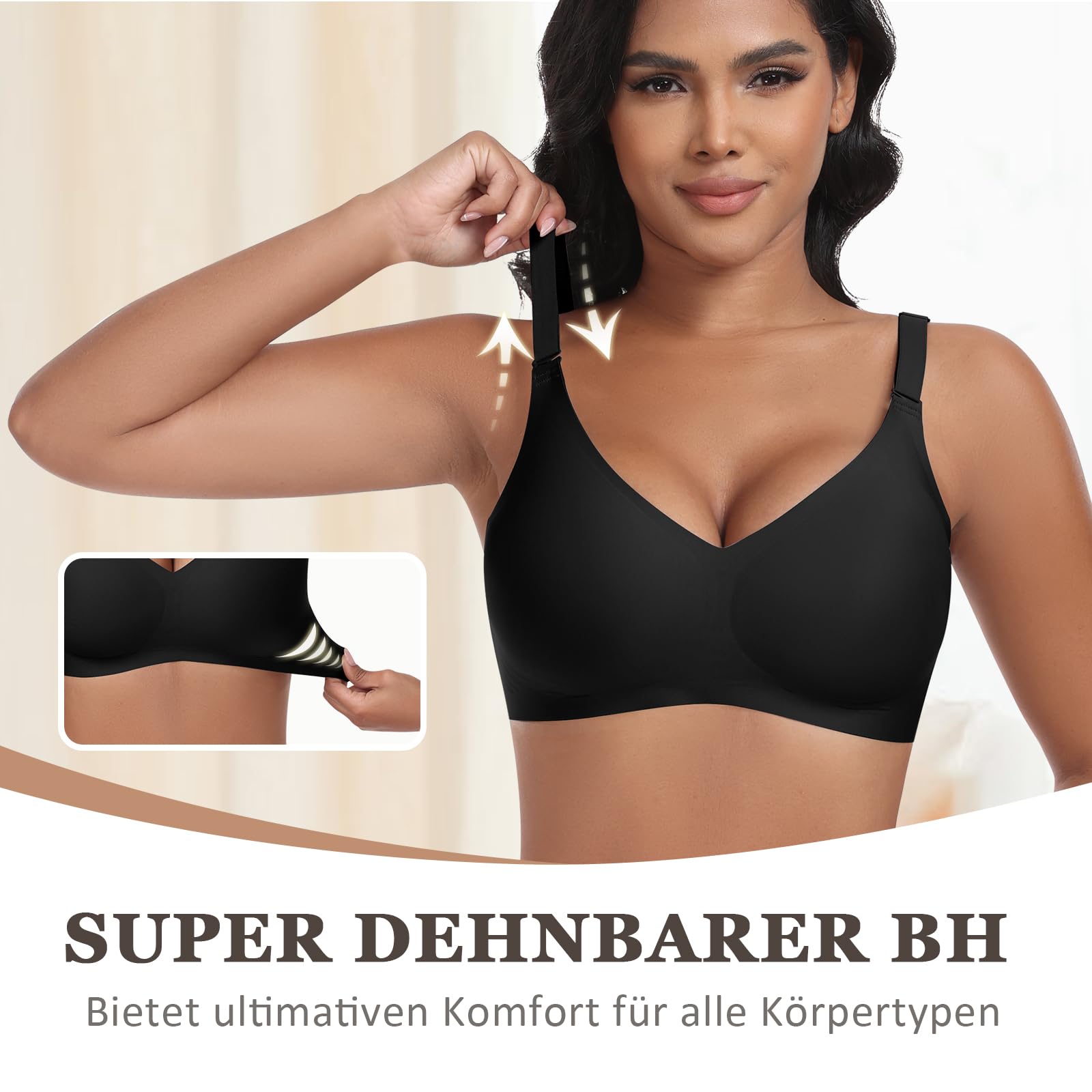 Jiuday Reggiseno senza ferretto, reggiseno push up per seni grandi, tenuta forte, senza ferretto, senza ferretto, imbottito, senza ferretto, comodo, scollo a V, bralette, Nero + caffè., XL