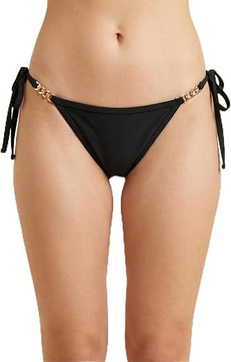 Selfcare Women Solid Black Bikini Panty|Lycra Blend|Side Tie-up with Gold Chain|Adjustable Fit|Low Rise|SN4792-FS