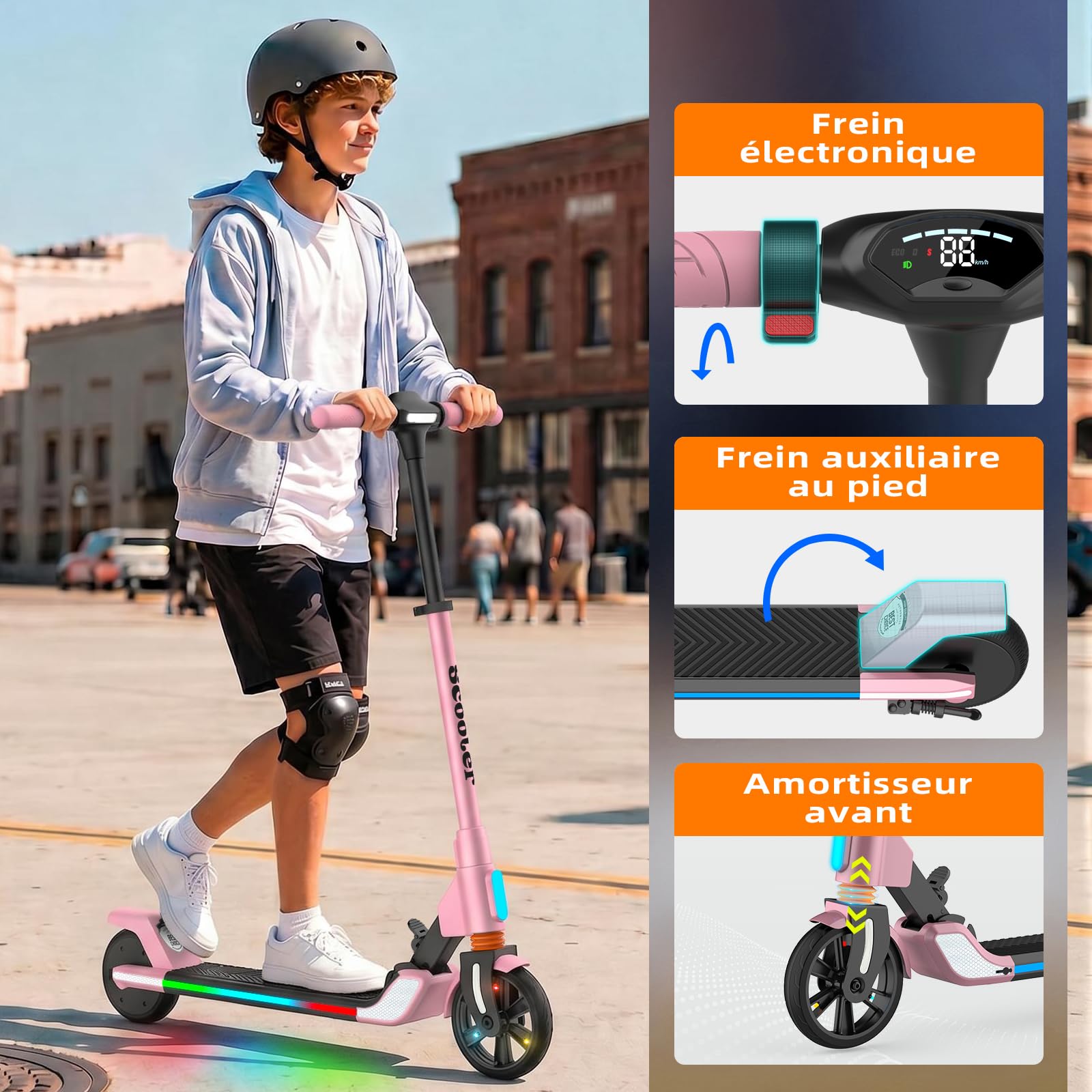 Trottinette Électrique pour Enfants avec Moteur sans Balais 200W, Autonomie 8–13 km, Double Système de Freinage, Réglable en Hauteur et Pliable, Éclairage LED pour Adolescents