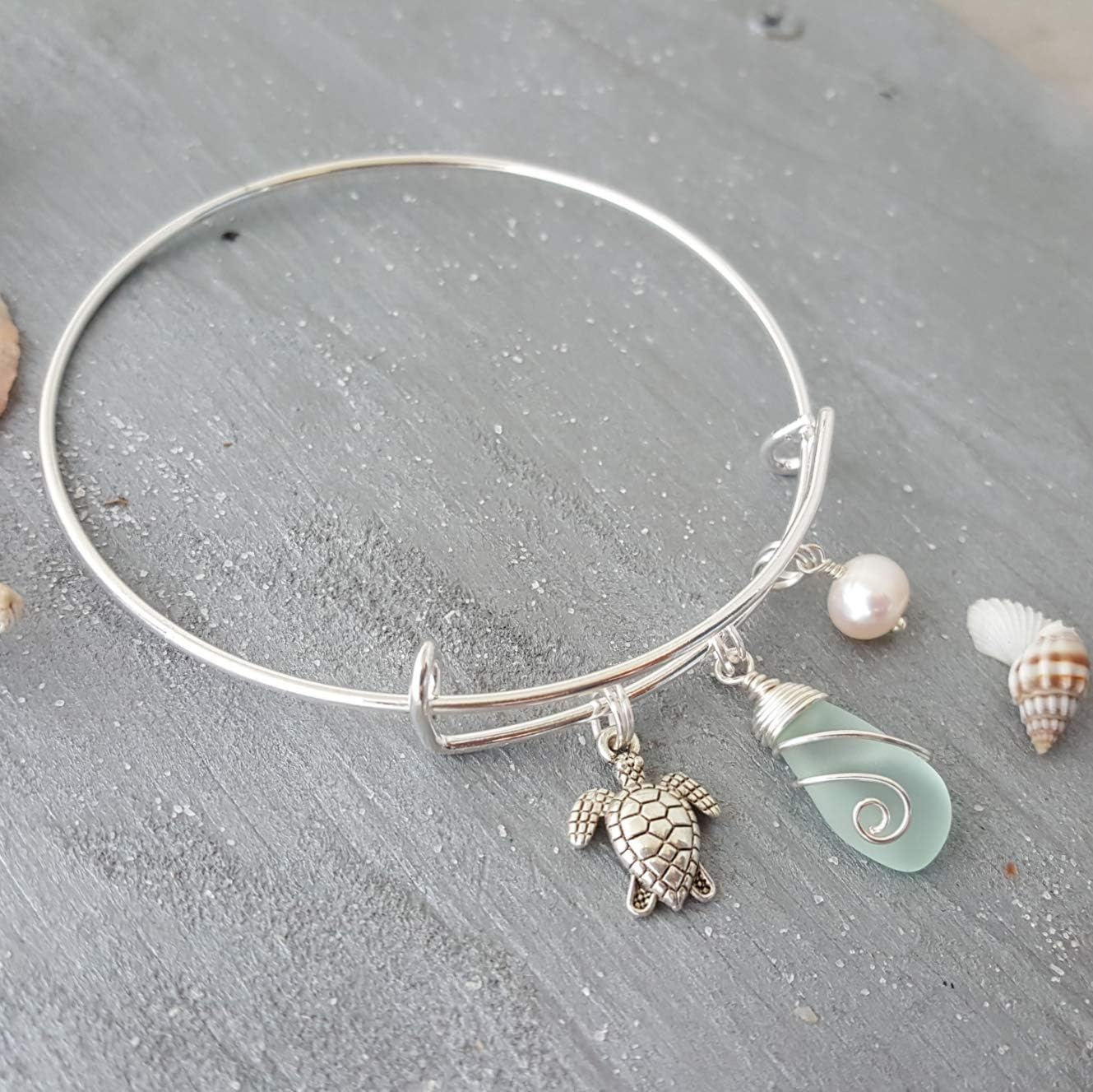yinahawaii Handmadewire wrapped seafoam sea glass bracelet, (Hawaii Gift Wrapped, Customizable Gift Message)