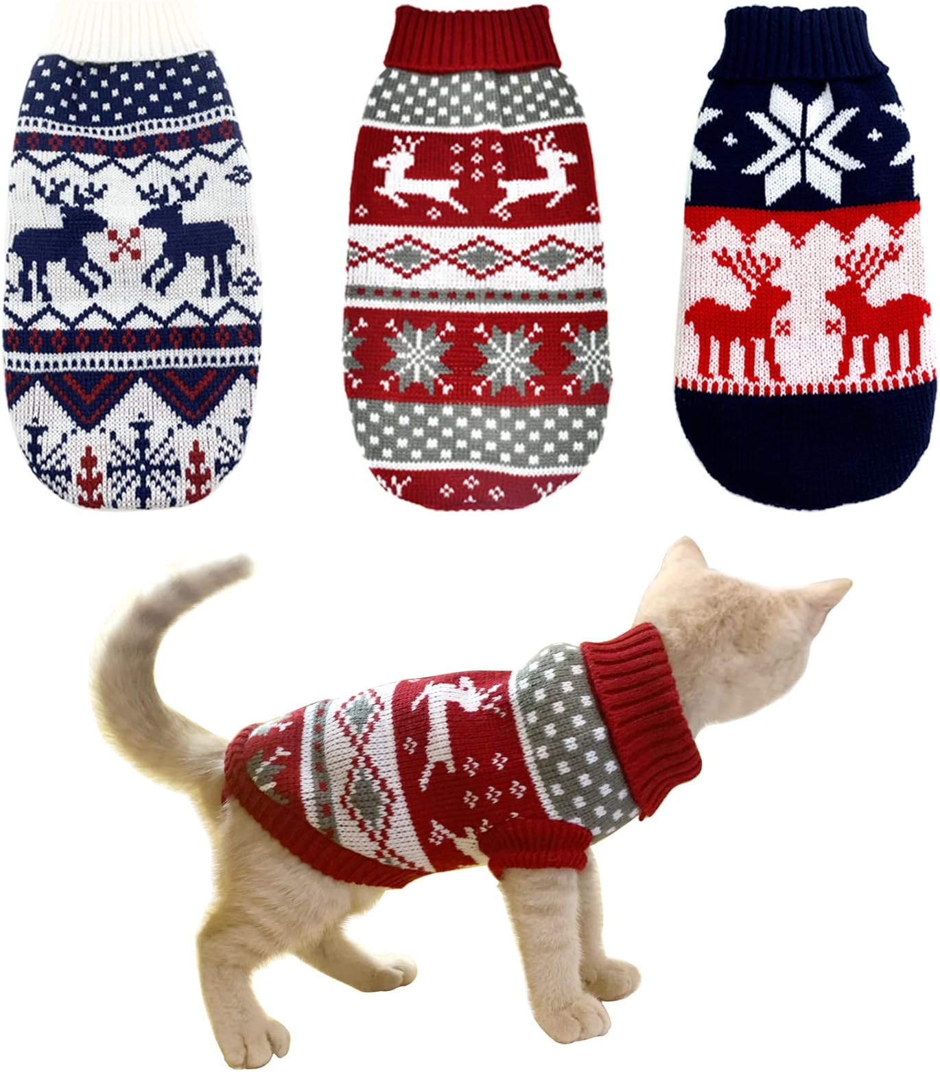3Pcs Christmas Dog Sweater Costume Xmas Cat Knitwear Clothes Navy Blue White and Christmas Red Sweaters with Reindeers Snowflakes Pattern for Kitten Cat Puppy Dog S