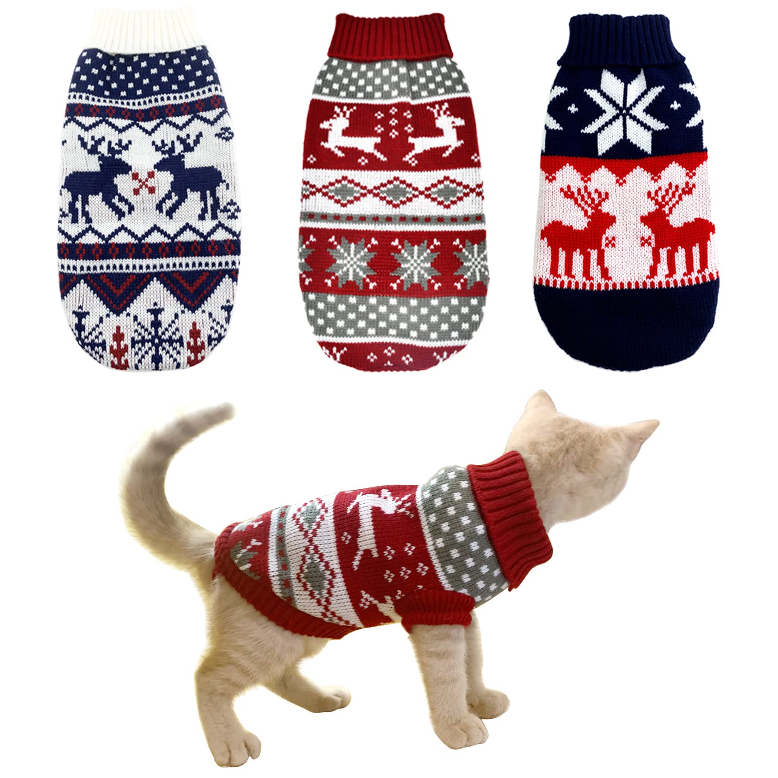 CooShou 3Pcs Christmas Dog Sweater Costume Xmas Cat Knitwear Clothes Navy Blue White and Christmas Red Sweaters with Reindeers Snowflakes Pattern for Kitten Cat Puppy Dog S