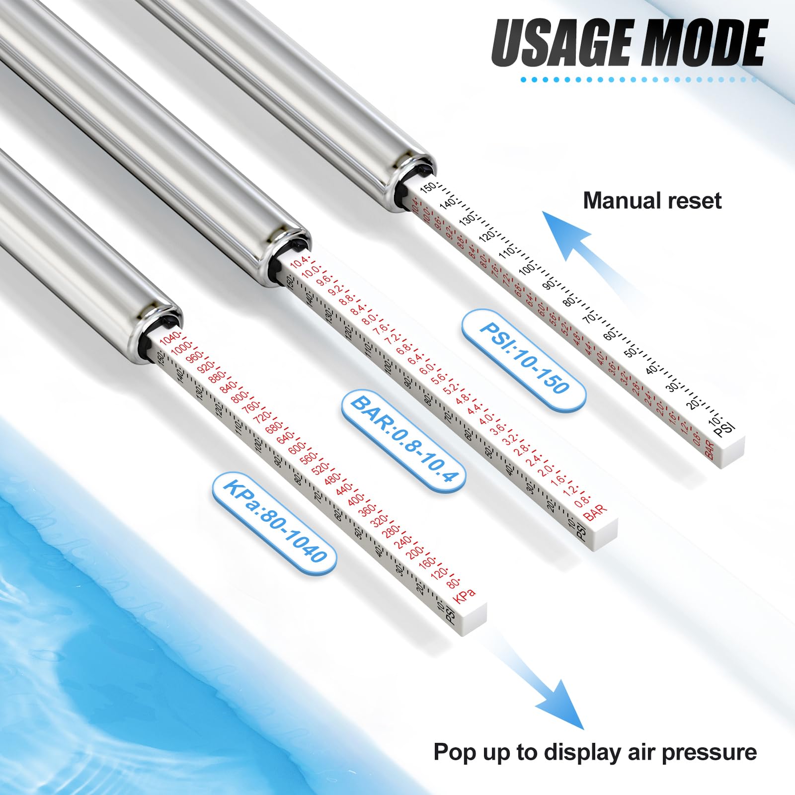 MEANLIN MEASURE 5Pcs Manómetro de presión de neumáticos tipo recto doble de plata，Manómetro de presión de aire de doble cabezal，Rango de presión 0.8~10.4 Bar(Adecuado para camiones, etc）.