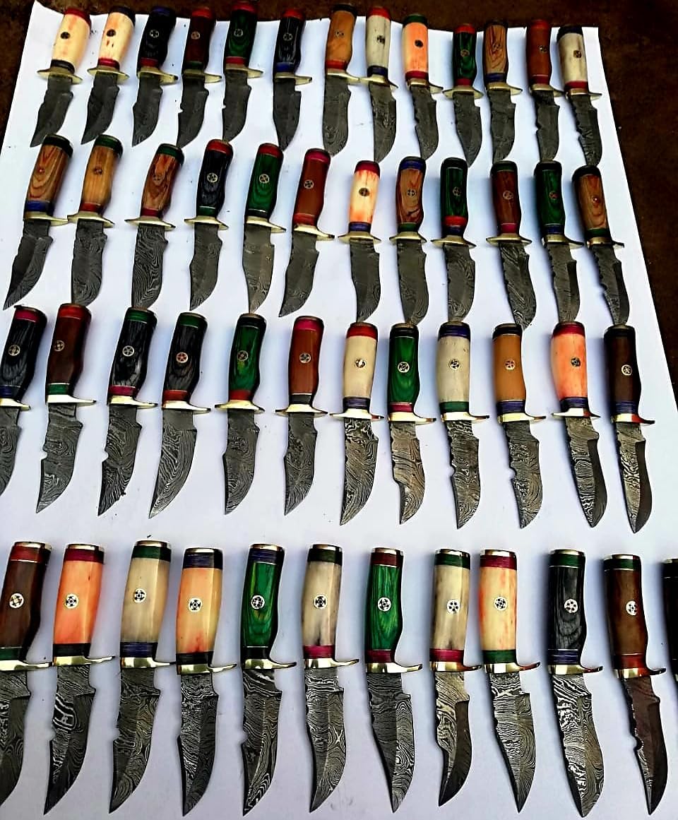 6" Handmade Damascus Hunting Knives with Leather Sheath, Free Hand Stitched, Wholesale Kinfes (50 Knives)