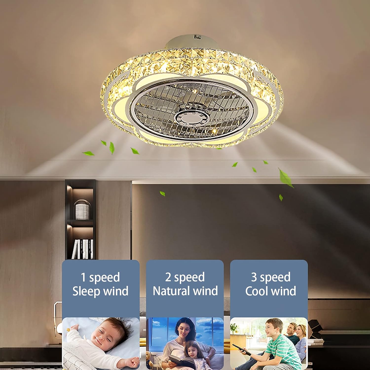 YUEGOO 50Cm Crystal Fan with Ceiling Light,and Remote Control Silent 3 Speeds Bedroom Led Dimmable Fan Ceiling Light with Timer 72W Modern Living Room Quiet Ceiling Fan Light
