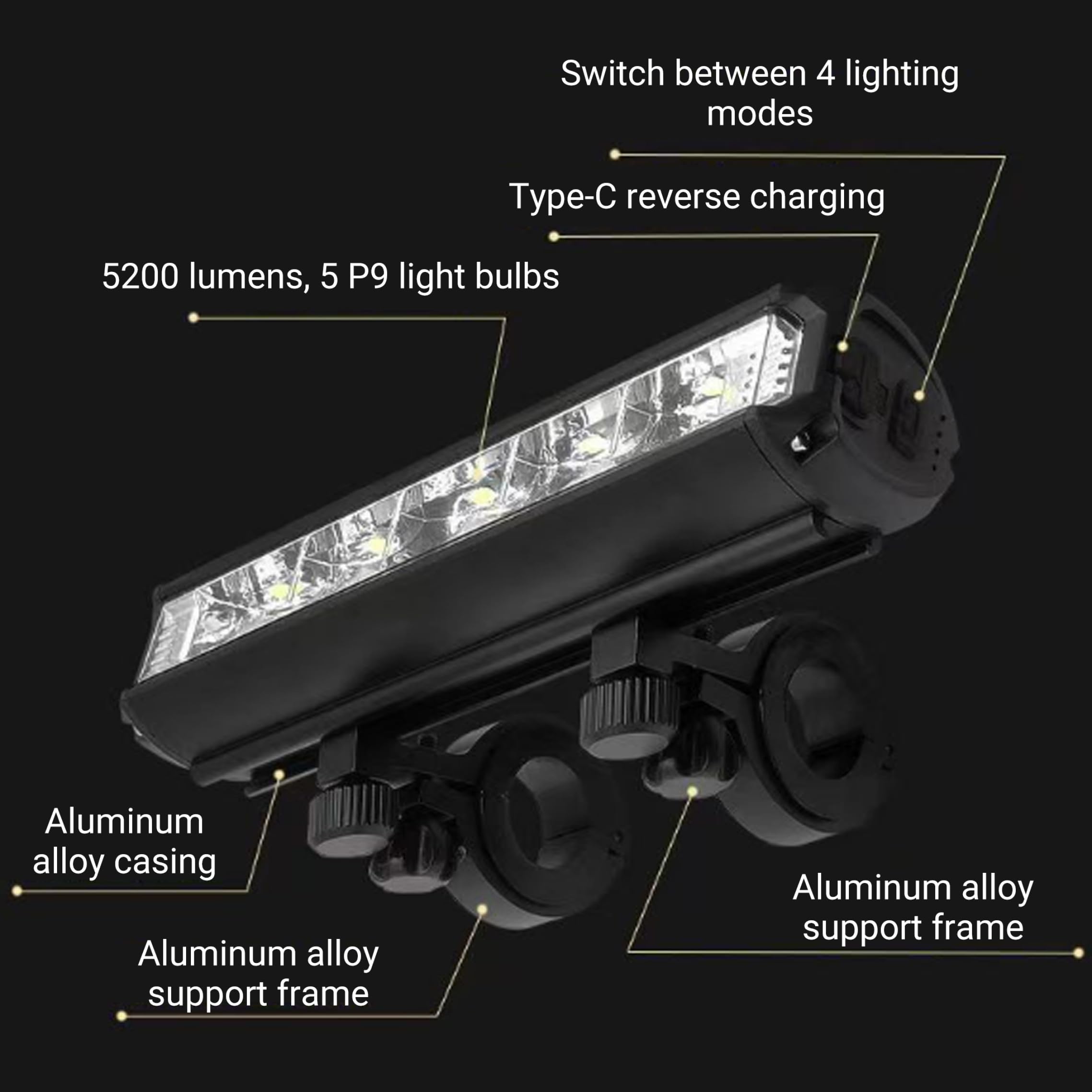 Luce anteriore per bici, faro per bici ricaricabile, luce anteriore - Barra in lega di alluminio da 20000 lumen con ricarica inversa da 10000 mAh, accessori per la guida notturna.