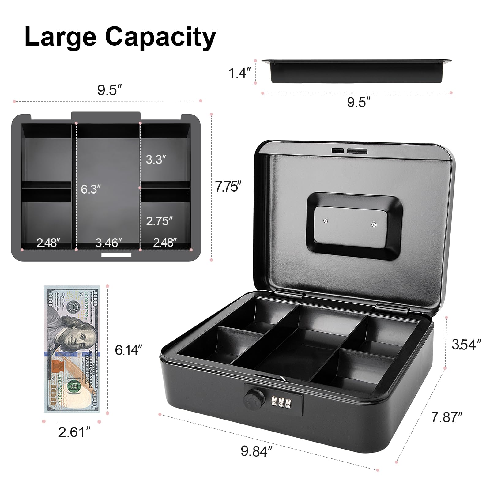 Jssmst Caja de dinero grande con cerradura de combinación, caja de metal duradera con bandeja de dinero negra (9.8 x 7.9 x 3.5), SM-CB07001L