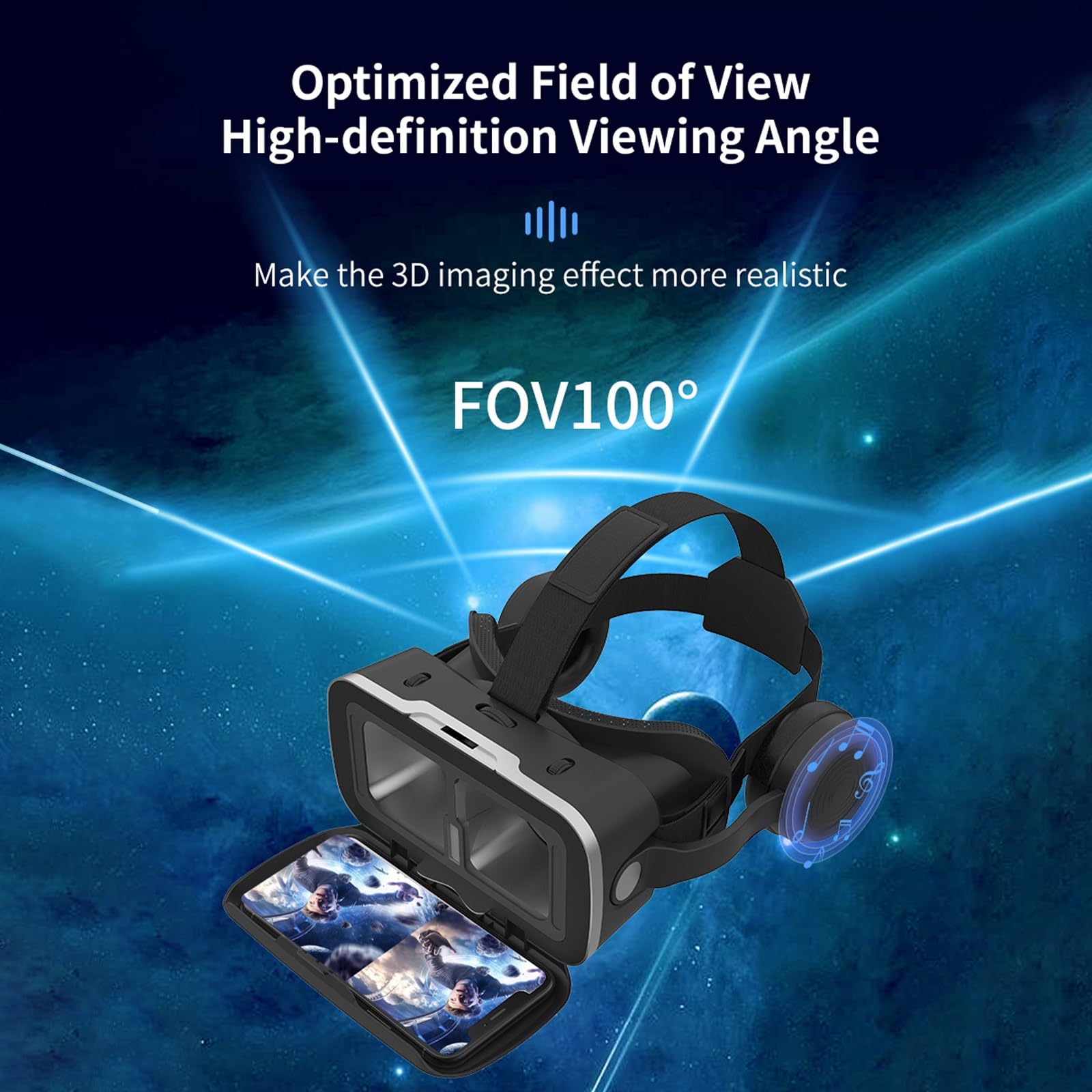 VR Casque Lunettes Avec Écouteurs Et Manettes, Casque De Réalité Virtuelle Glasses VR Lunettes Pour Films 3D Jeux Vidéo Compatible Avec Smartphones