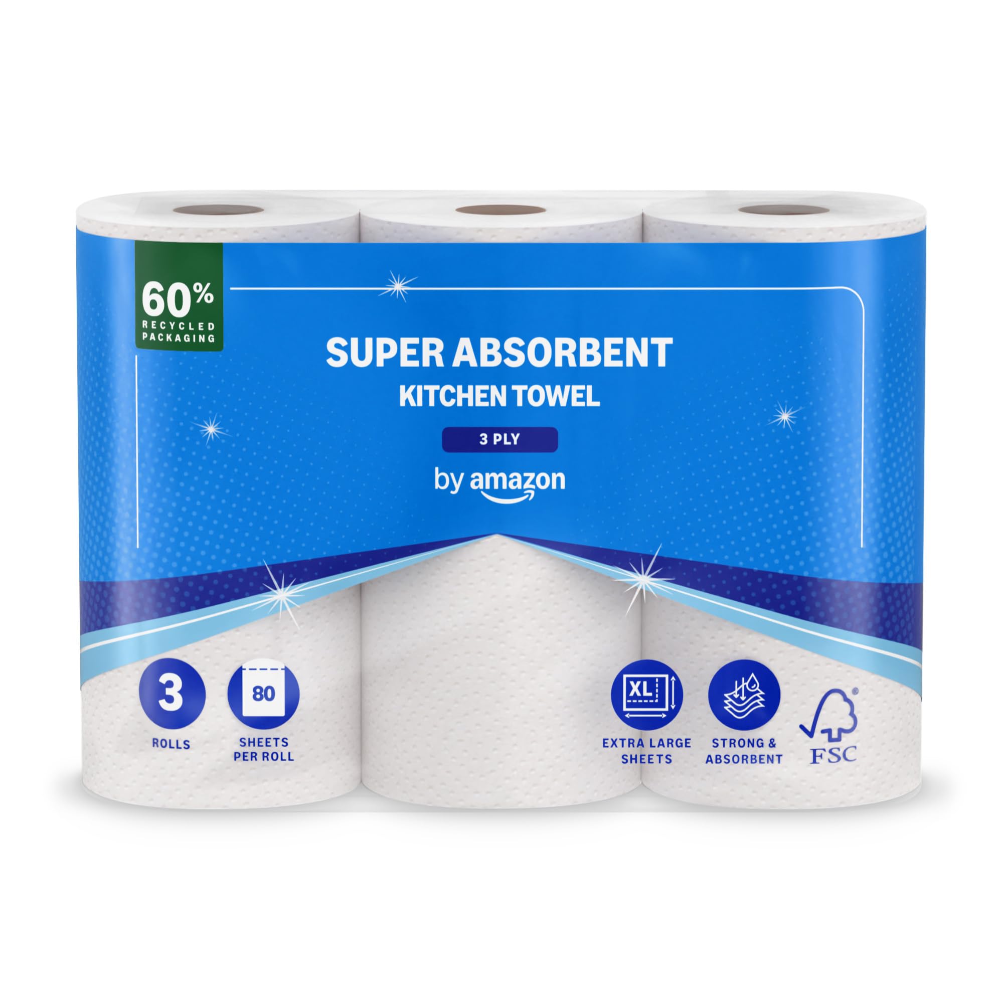 by Amazon Classic Kitchen Roll, 3-ply, Strong and Absorbent, 3 Rolls (1 Pack of 3), 80 Sheets per Roll, FSC Certified