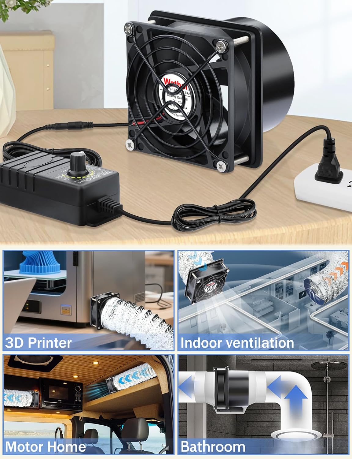 Wathai 80mm 12V DC Axial Exhaust Fan Small Fume Extractor with AC Plug, Dual Ball Speed Controller – for Soldering, 3D Printer Enclosure, Ventilation, DIY Cooling