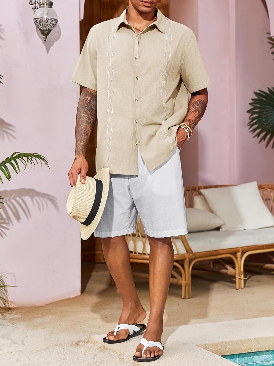 Runcati Mens Linen Shirt Guayabera Cuban Short Sleeve Button Down Cotton Summer Beach Hippie Shirts - Image 4