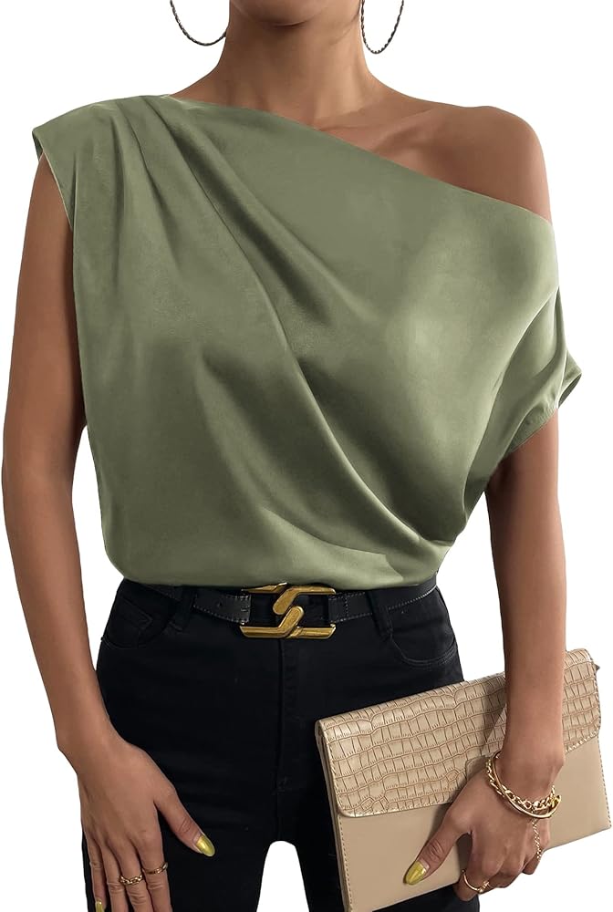 トップス sheller shoulder ribbon satin tops WDIRARA Women's One Shoulder Ruched Short Sleeve Satin