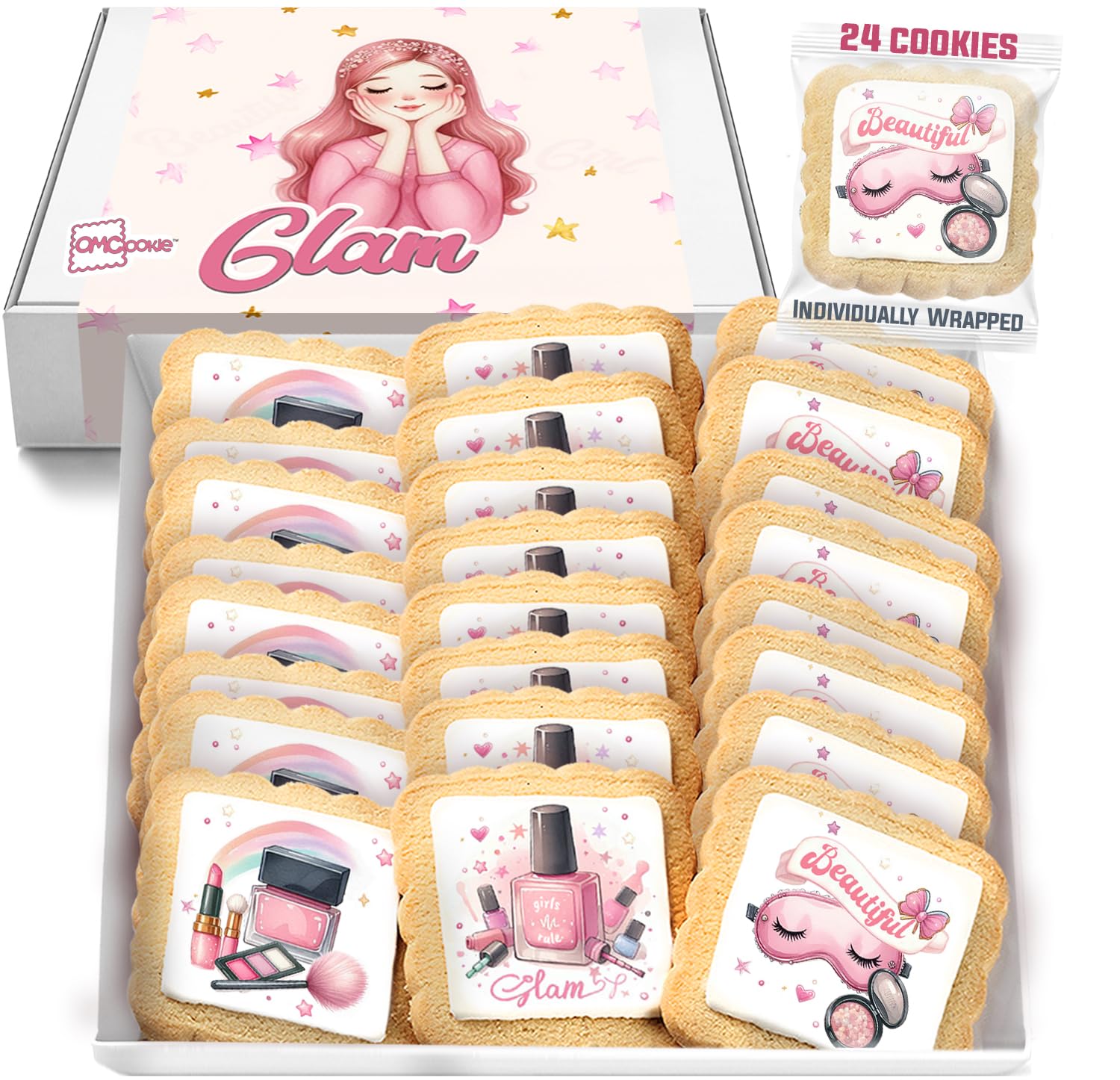 Girls Glam Spa Sleepover Cookies | Individually Wrapped 24 Pack | Birthday Party Sleep Over Night Makeup Pajama Nail Polish | Peanut & Nut Free Kosher Treats Snacks