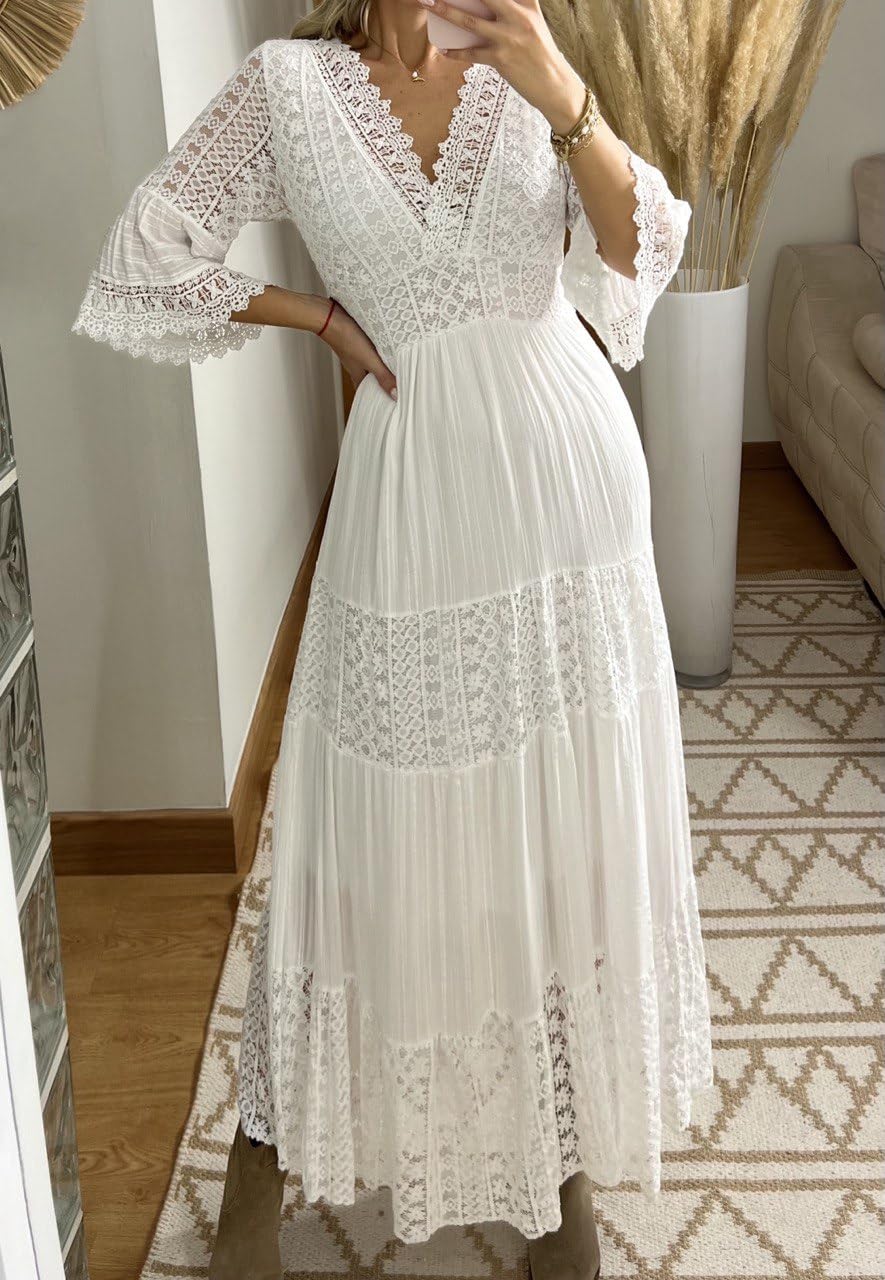 Vestido largo de encaje para mujer con cuello en V, mangas acampanadas 3/4, blanco, vestido bohemio de encaje, vestido bohemio