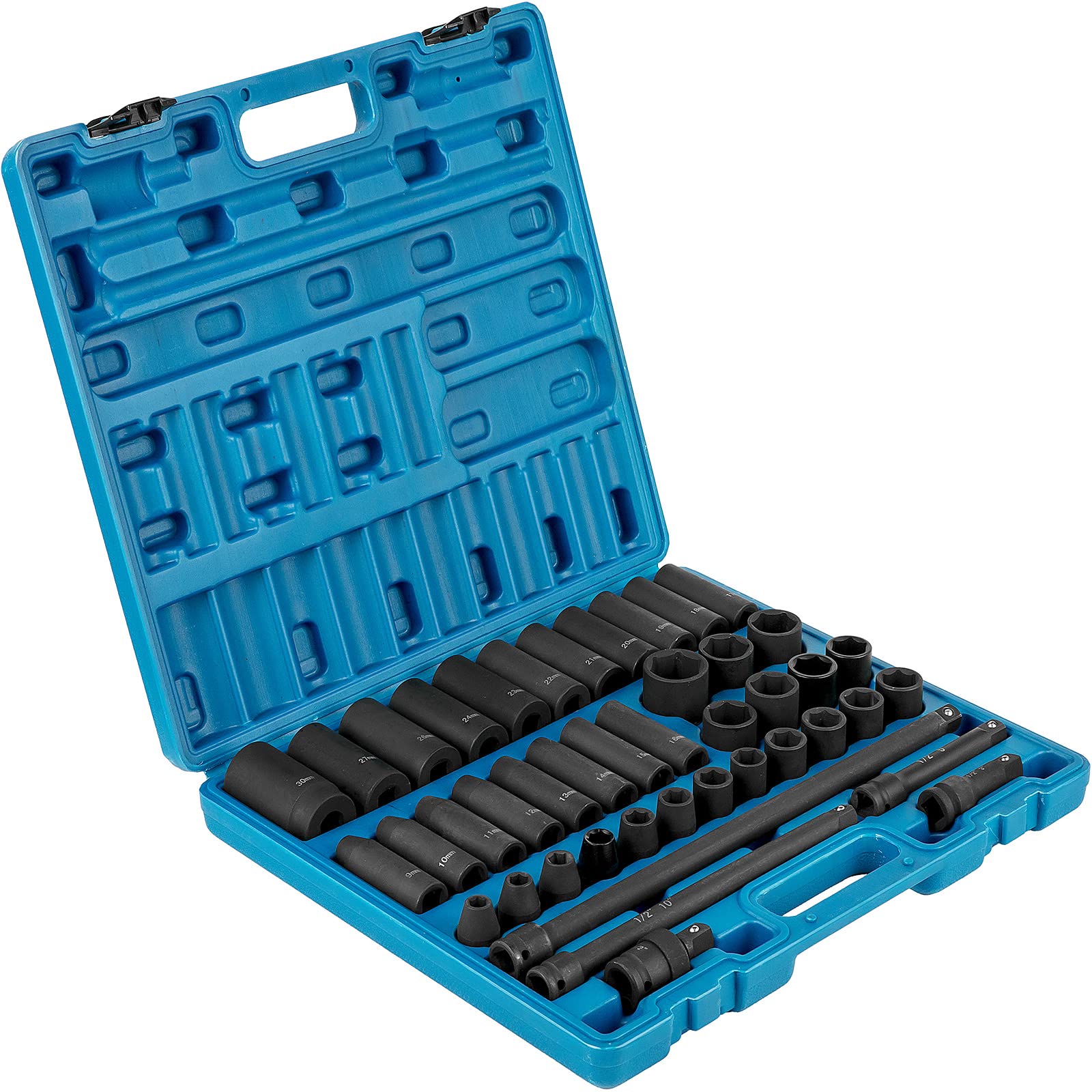 VEVOR Set di bussole a percussione 1/2 pollici Bussole a percussione da 43 pezzi, assortimento di bussole standard, Bussole a 6 punti metriche 9-30 mm (standard/profonda)