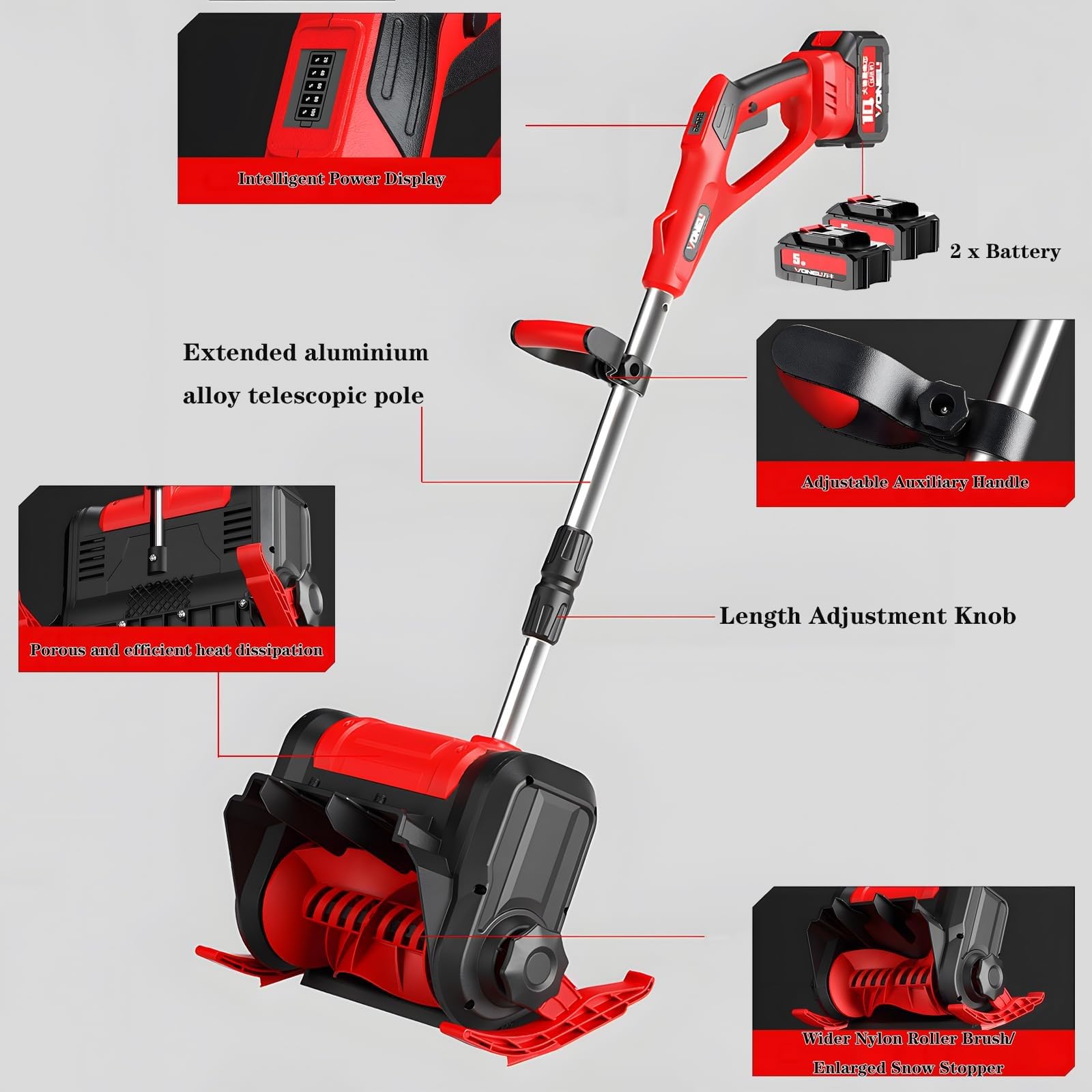 Pala Da Neve A Batteria Da 20 V, Spazzaneve Elettrico A Batteria Da 12 Pollici Con Impugnatura Anteriore Regolabile E Asta Telescopica, Spazzaneve Professionale Con 2 Batterie E Caricabatterie Rapido(
