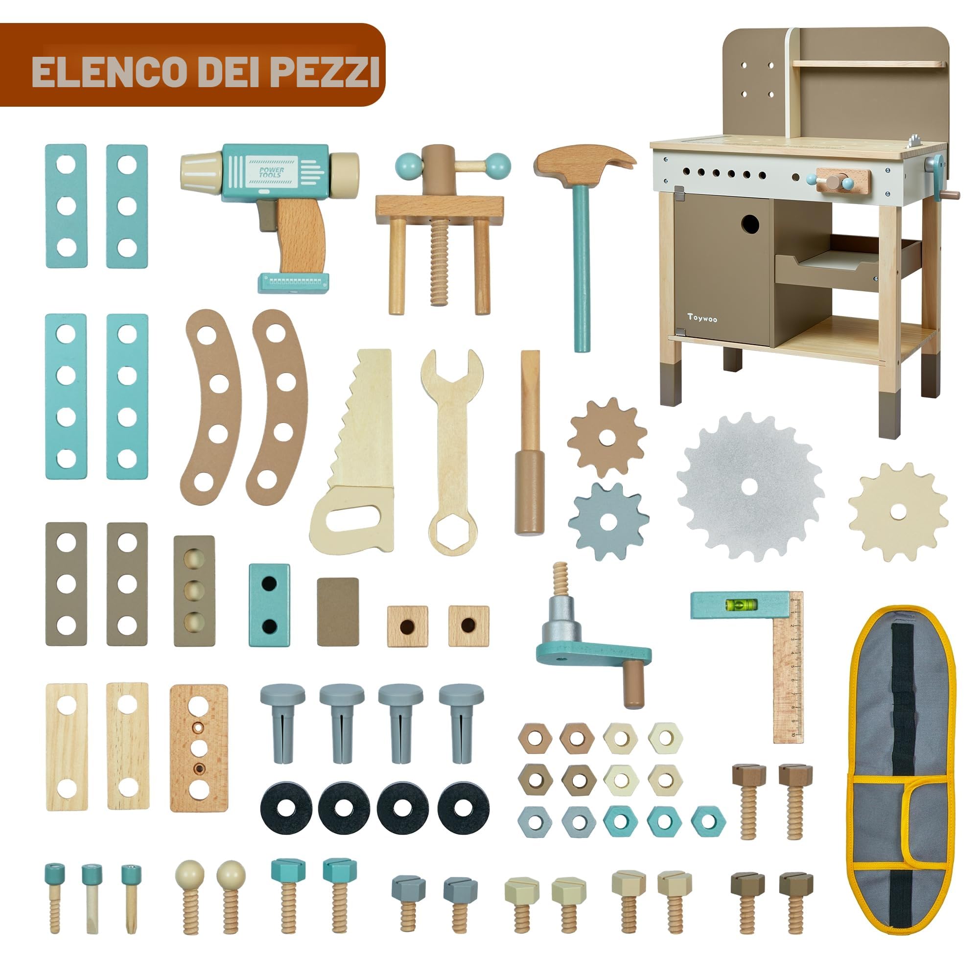 Set di attrezzi per bambini, strumenti in legno panca con grembiule per bambini giocattolo banco da lavoro con strumenti realistici trapano elettrico STEM BAU giocattoli regali per età 3-9 ragazzi