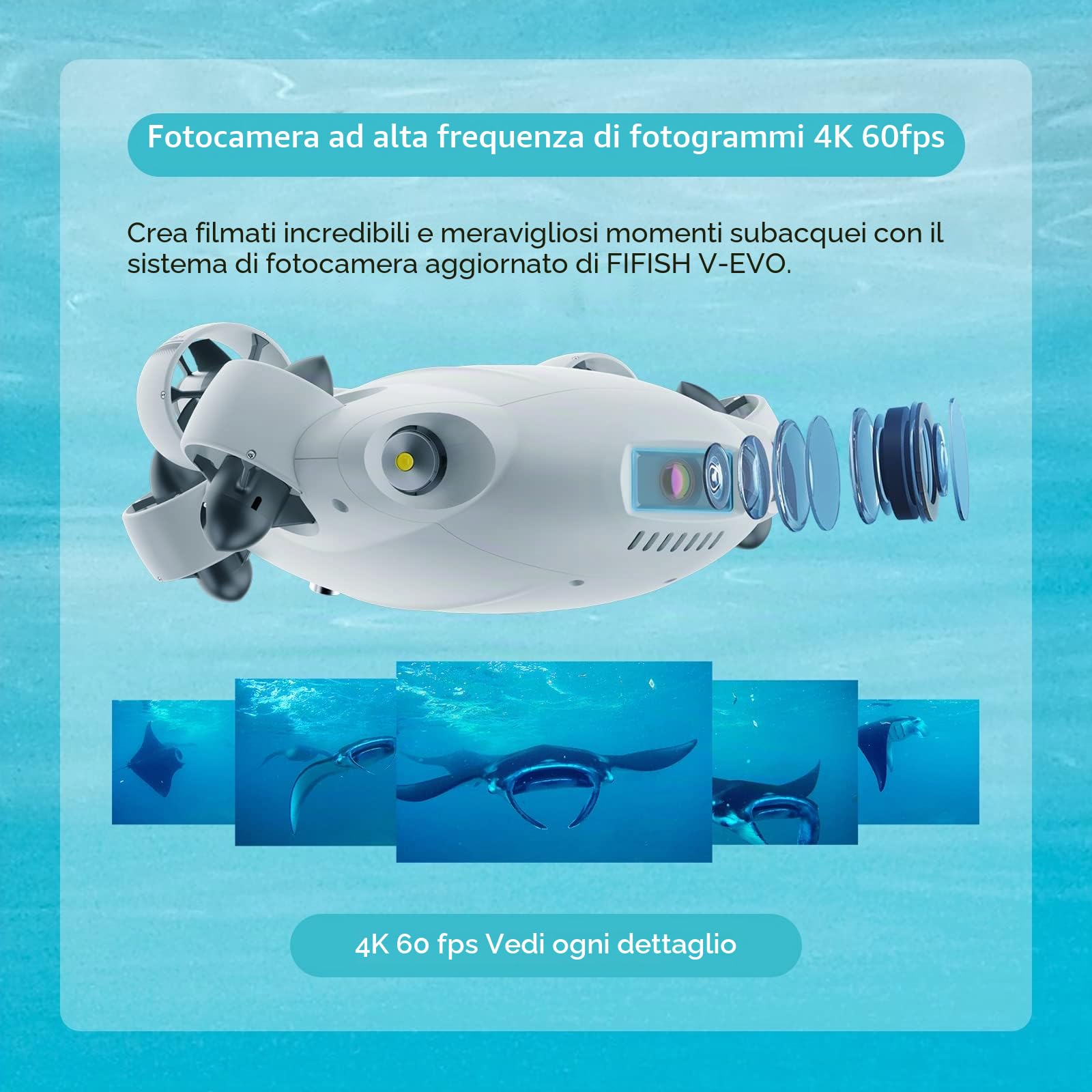 Drone subacqueo FIFISH V-EVO 4K con braccio robotico, blocco di visione AI Vision Lock, movimento omnidirezionale a 360°, immersione subacquea fino a 100 m, ROV