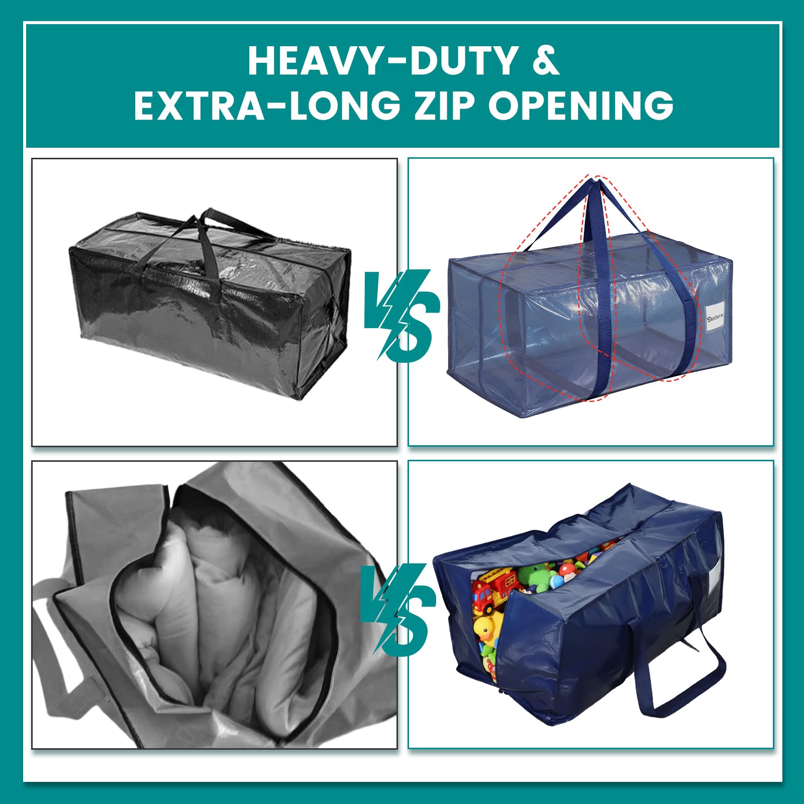4 Pack Oversized Moving Bags, Heavy-Duty Moving Boxes or Packing Bags with Extra-large Zip Opening, Moving Supplies for College Halls Travelling Camping, Tough Handles, 90L/19.8Gallon, Blue — view 8