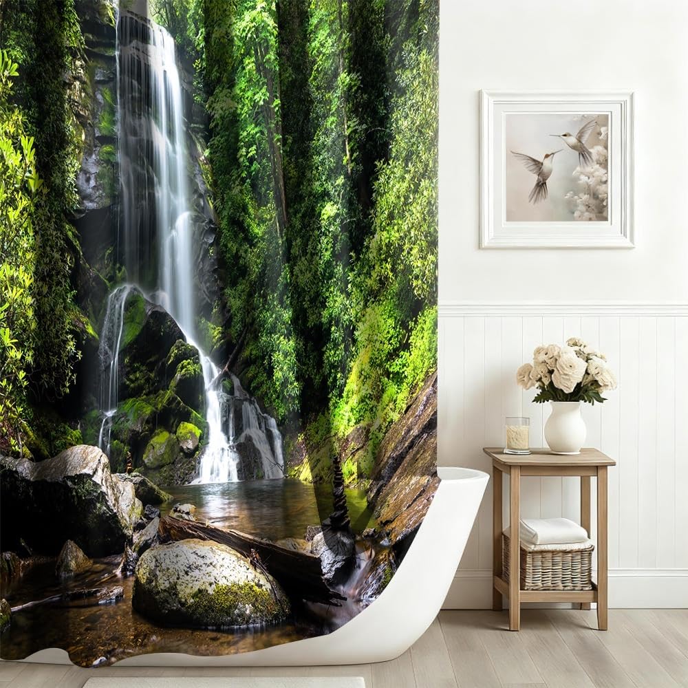 Tenda da doccia natura Primavera Cascata Tenda da bagno Giungla tropicale verde foresta paesaggio muschio pietra fiume lavabile tenda da doccia Decorazione bagno impermeabile 180x240cm