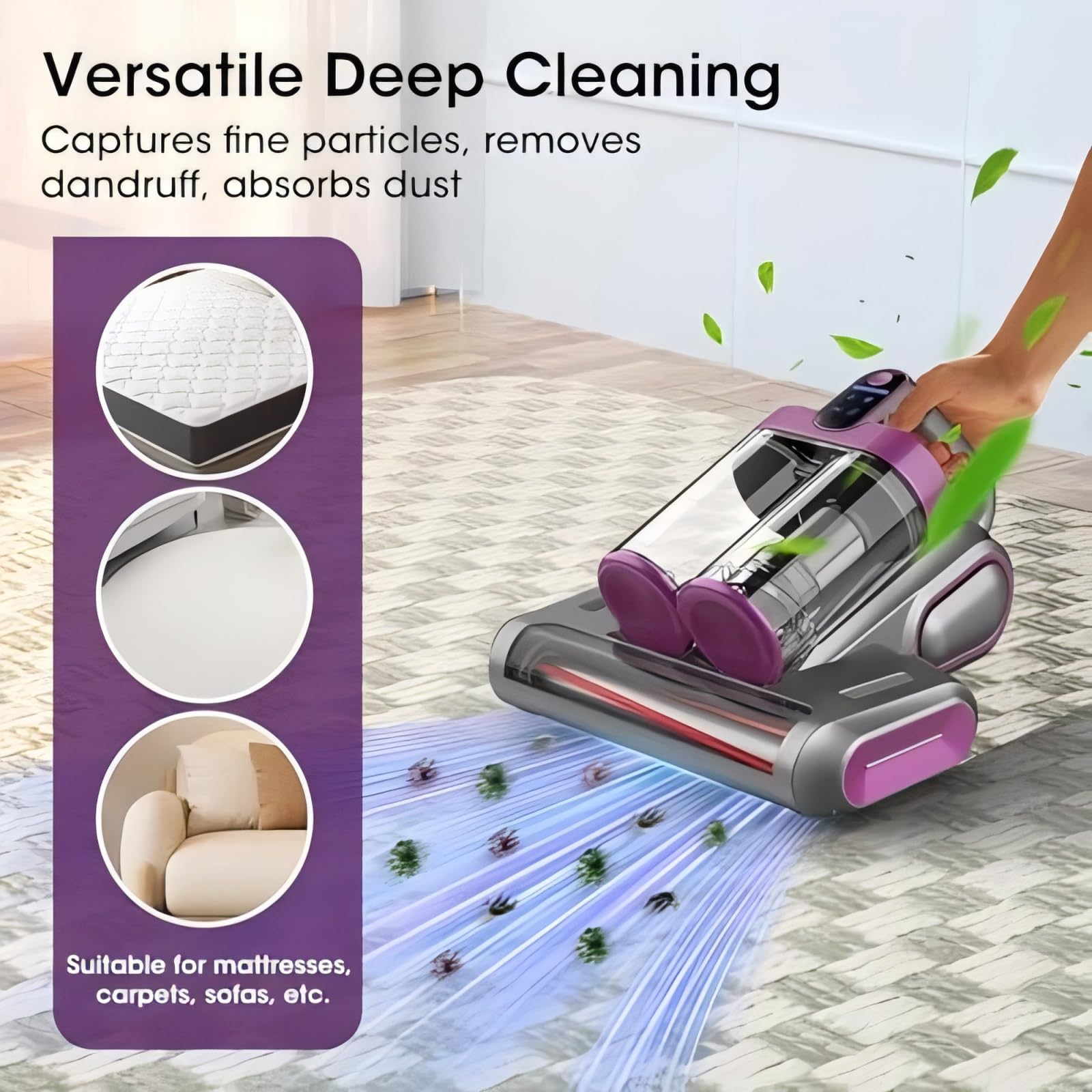 Aspirateur anti-acariens pour matelas, avec UV C et ultrasons, aspiration 8 KPa, sans fil, anti-allergène, pour lit, canapé, tapis et plus encore