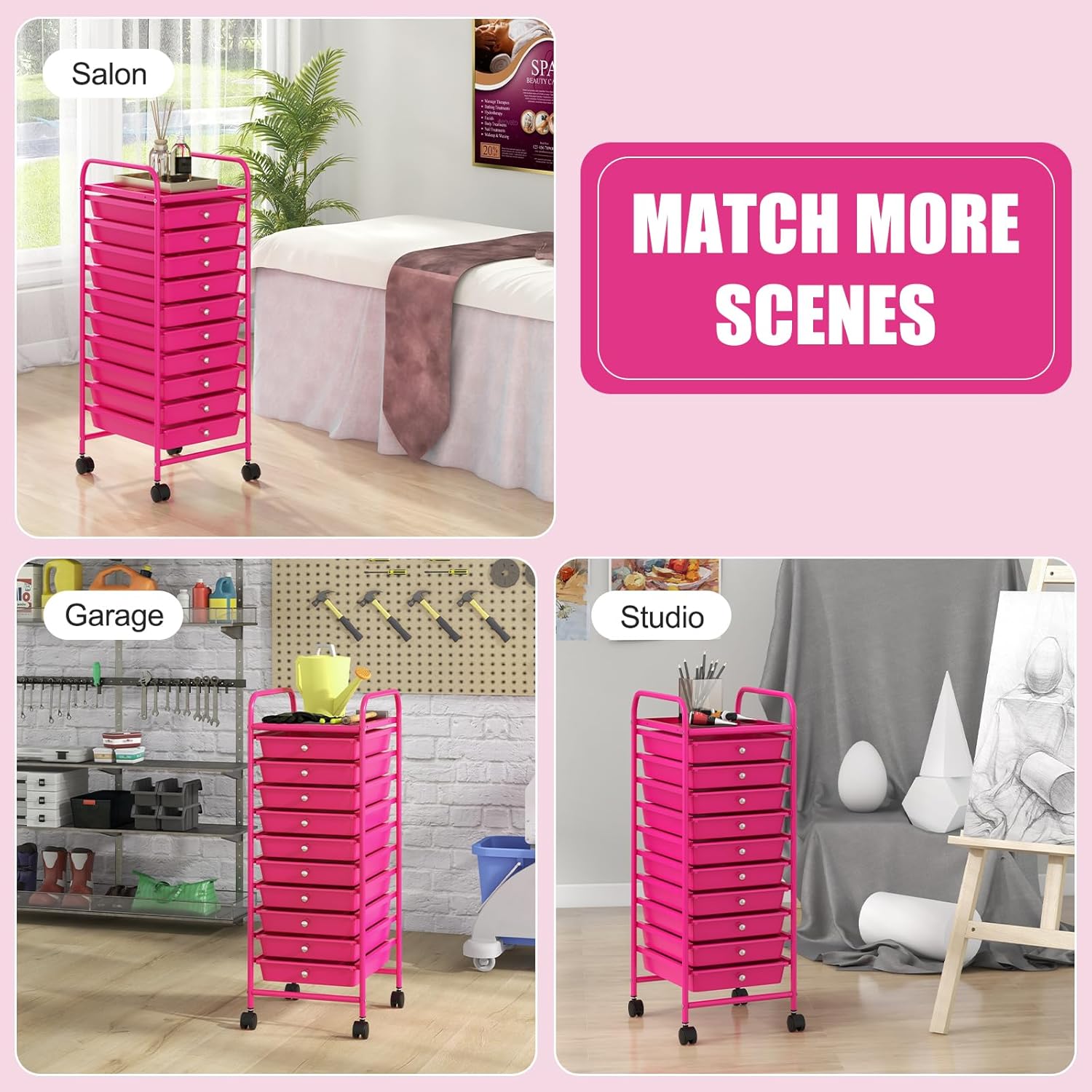 MAT EXPERT 10 Drawer Rolling Storage Cart, Multipurpose Utility Cart w/Plastic Drawers & Universal Casters, 10 Tier Mobile Organizer Cart for Office Home Classroom Beauty Salon