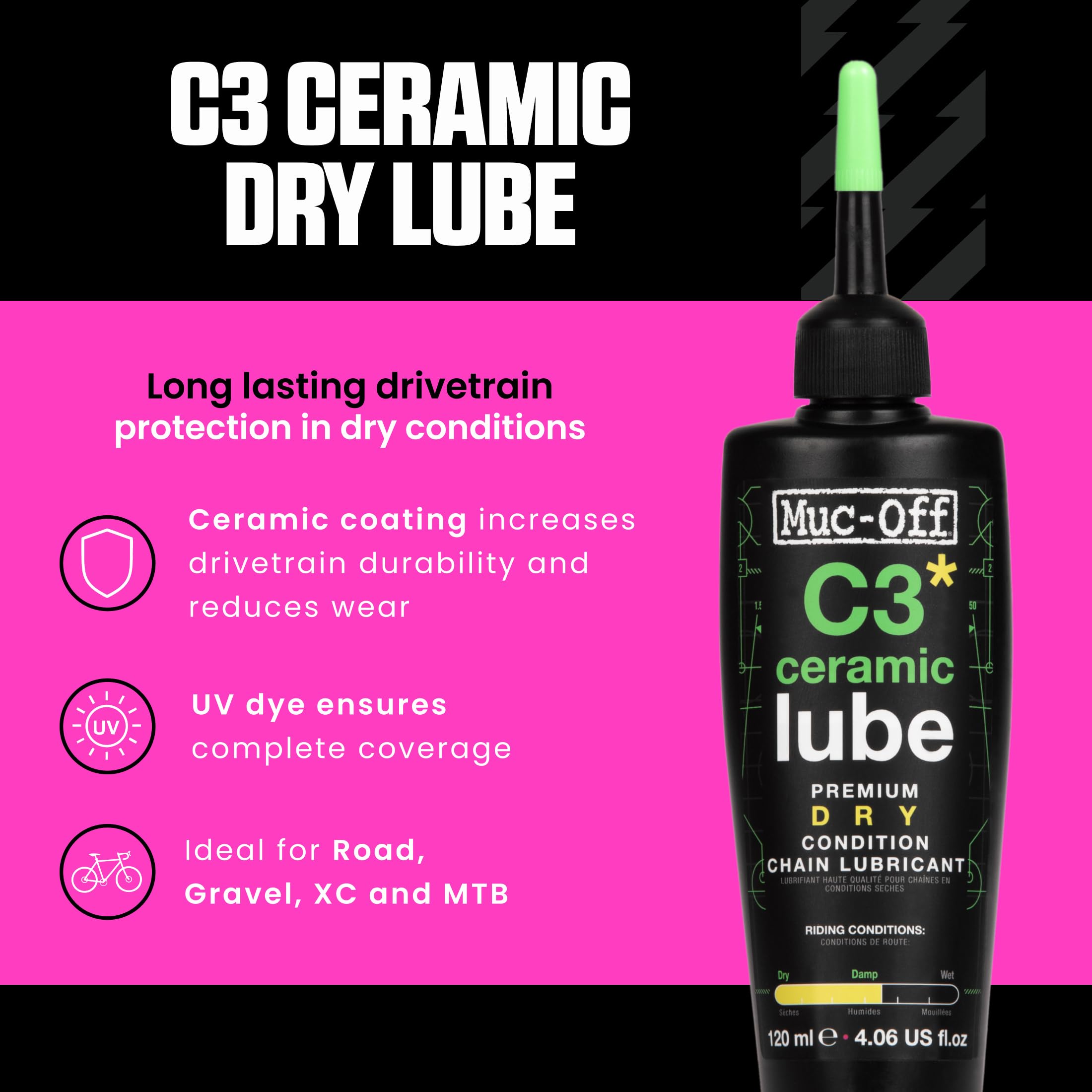Muc-Off C3 Ceramic Dry Chain Lube, 120 ml - Grasso Ceramico per Catena, Lubrificante Catena Bici con Colorante Tracciante UV - Formulato per Climi Asciutti e Polverosi