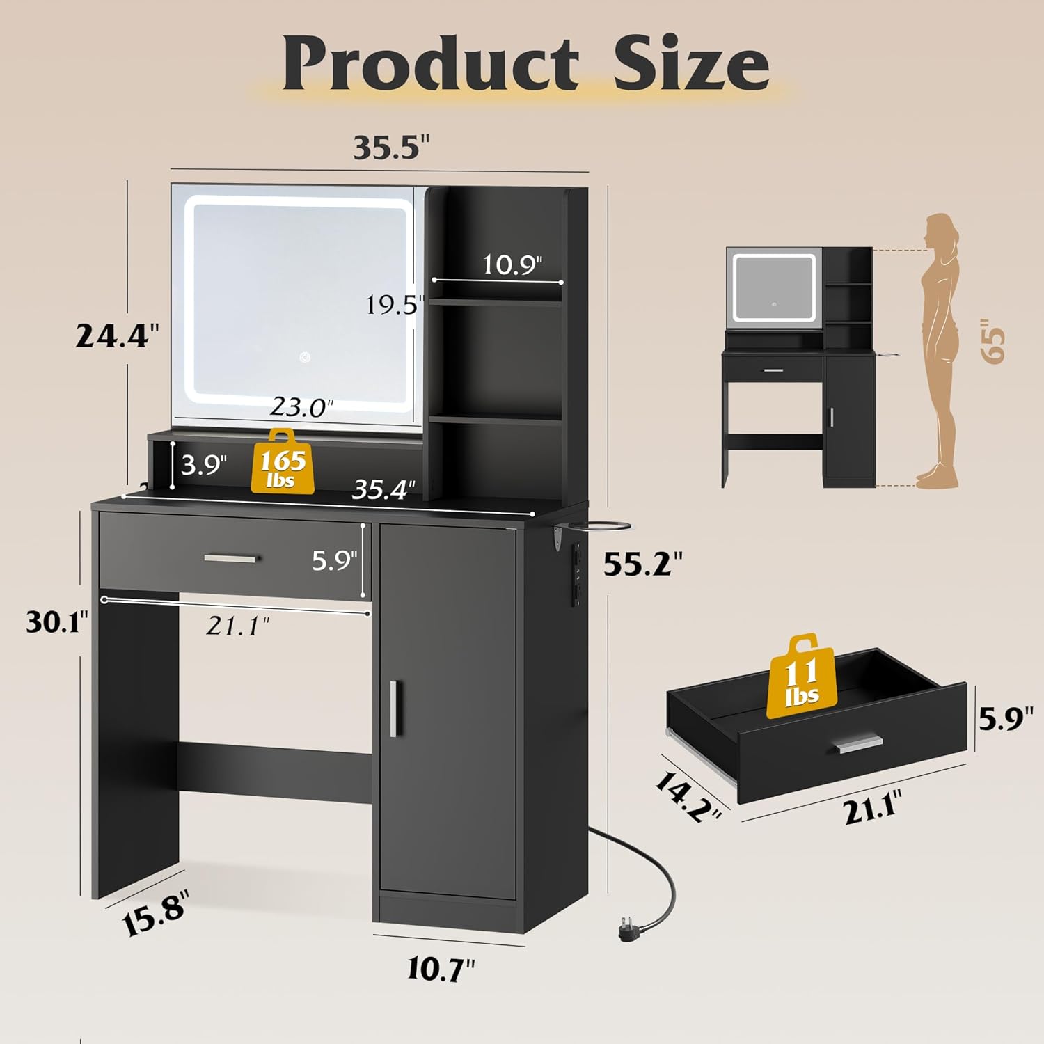 WLIVE Black Vanity Desk with Mirror and Lights for Girls, Make up Vanity Table with Drawer, Cabinet and Open Shelves, Bedroom Dressing Table with Charging Station