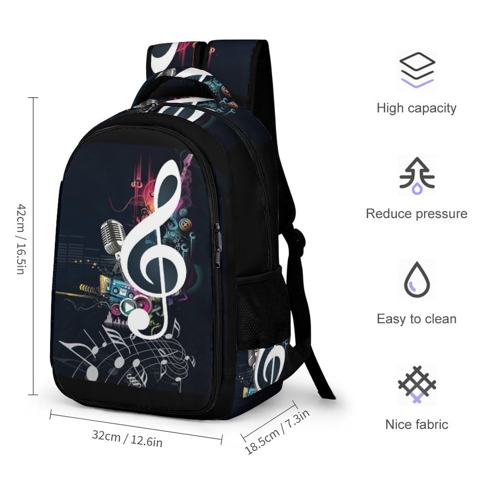 Tagesrucksack, brauner Rindsleder, Rucksack mit Taschen für Wandern, Camping, Reisen, Musiknoten, One Size
